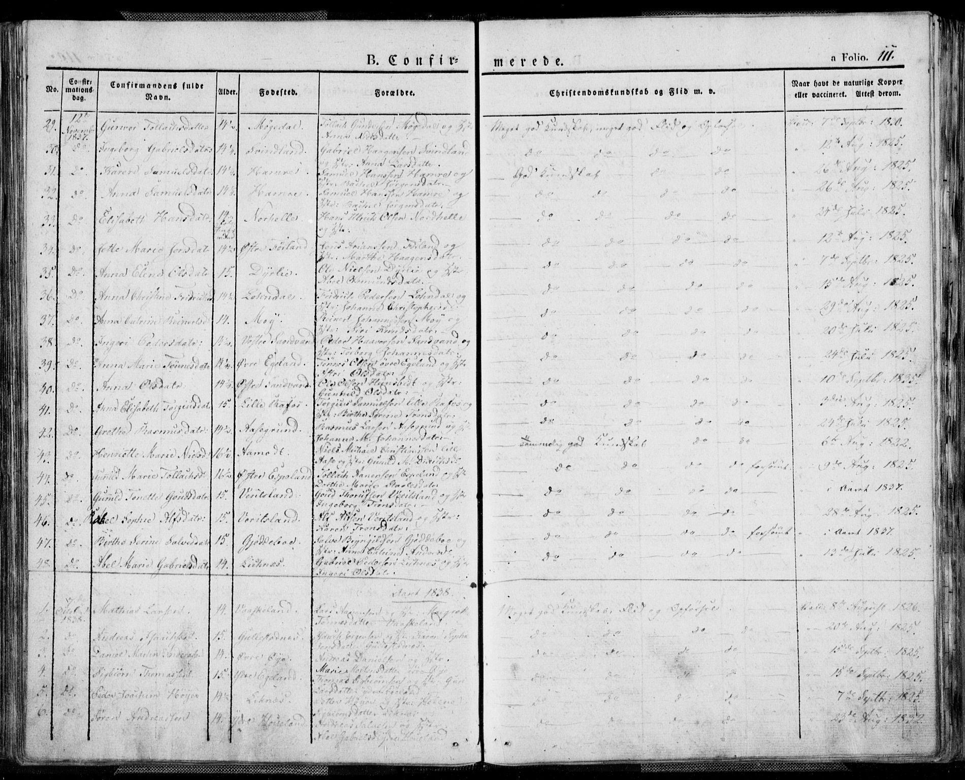 Kvinesdal sokneprestkontor, AV/SAK-1111-0026/F/Fa/Fab/L0004: Parish register (official) no. A 4, 1829-1843, p. 111