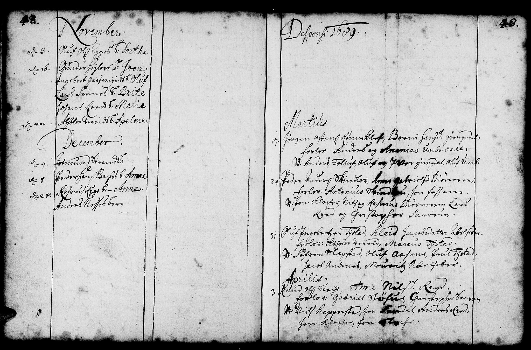 Gloppen sokneprestembete, SAB/A-80101/H/Haa/Haaa/L0001: Parish register (official) no. A 1, 1686-1711, p. 42-43