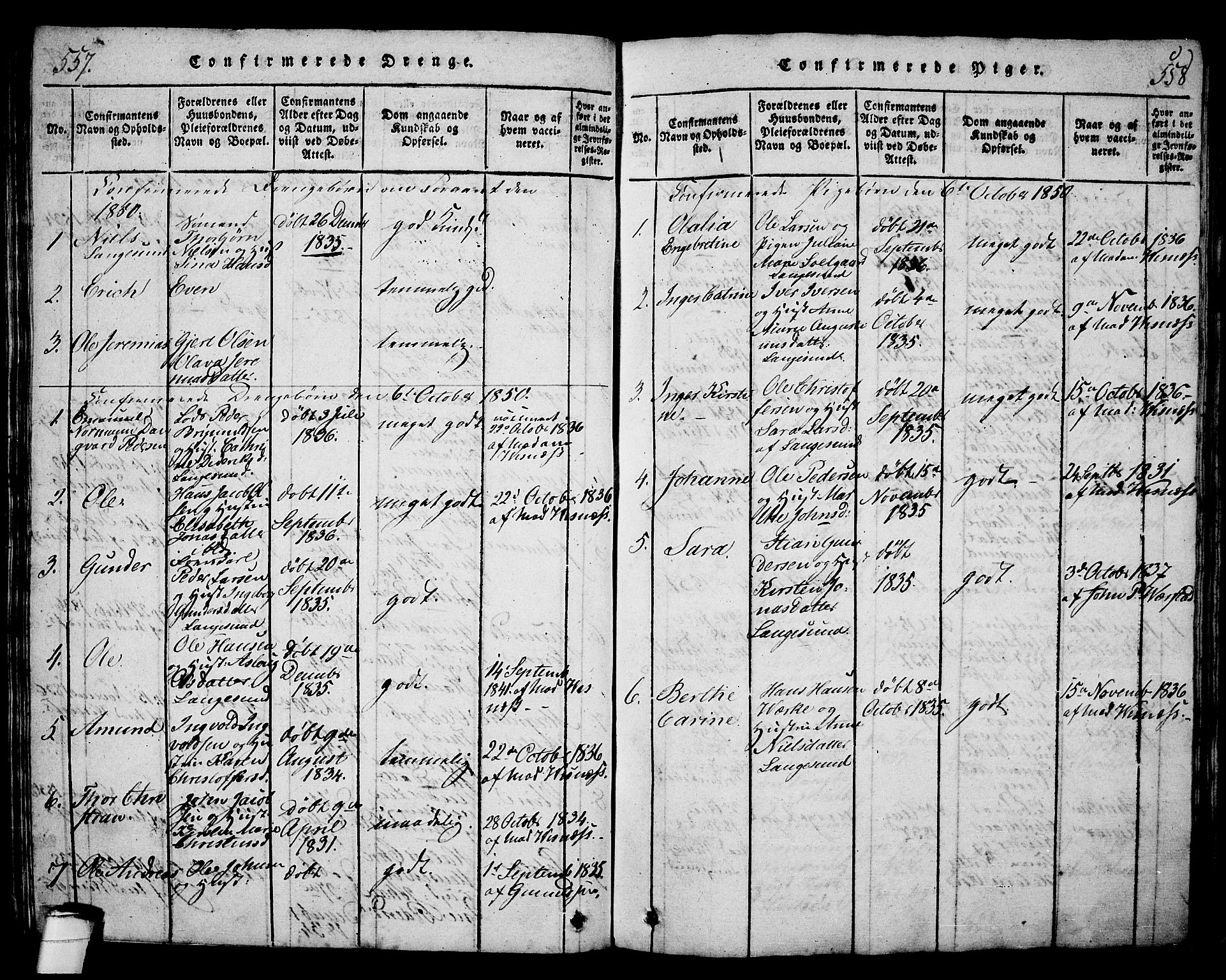 Langesund kirkebøker, SAKO/A-280/G/Ga/L0003: Parish register (copy) no. 3, 1815-1858, p. 557-558