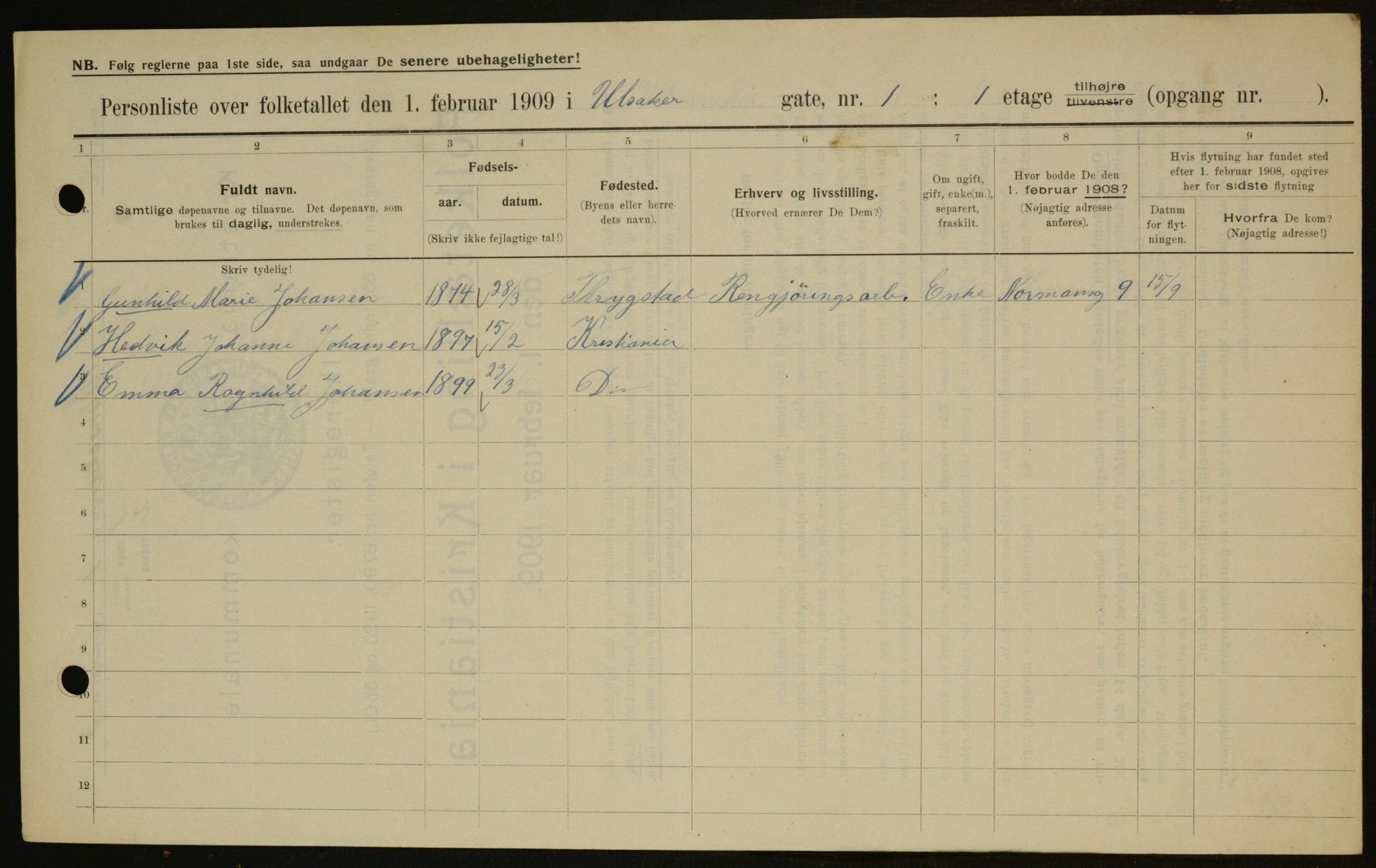 OBA, Municipal Census 1909 for Kristiania, 1909, p. 107622