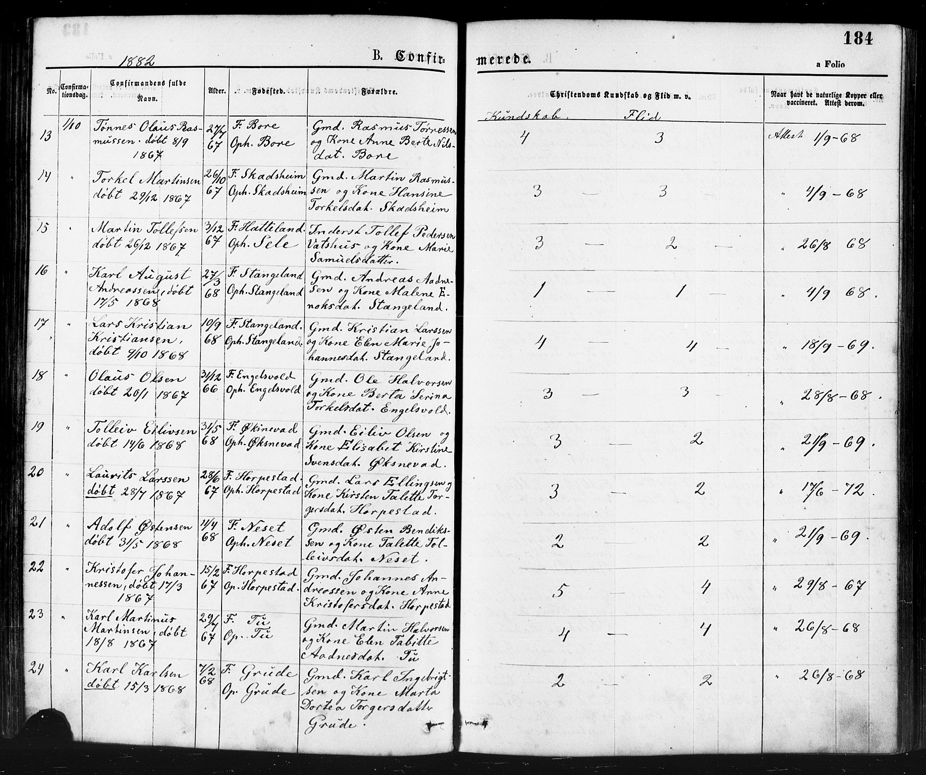 Klepp sokneprestkontor, AV/SAST-A-101803/001/3/30BA/L0006: Parish register (official) no. A 6, 1871-1885, p. 184