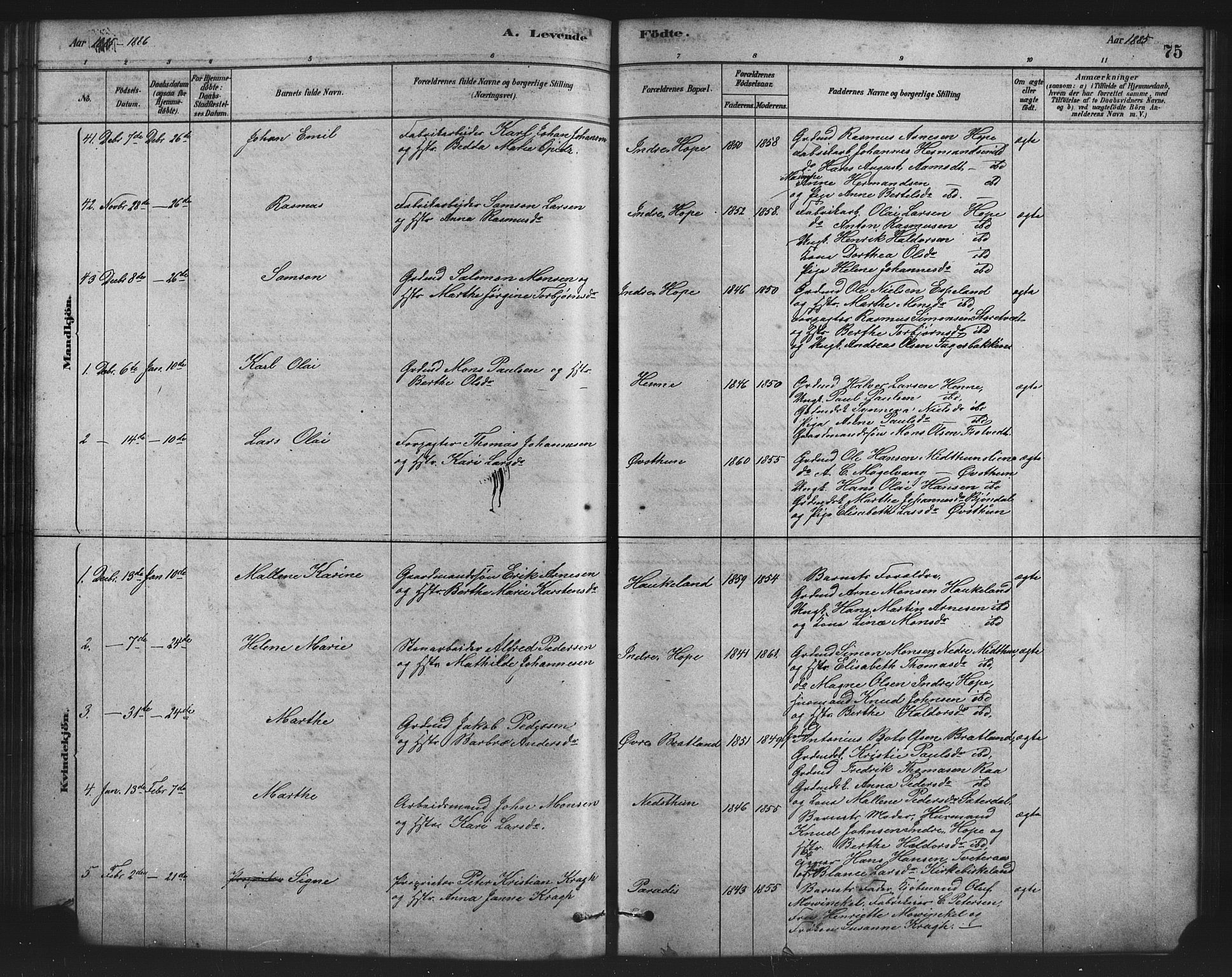 Birkeland Sokneprestembete, SAB/A-74601/H/Hab: Parish register (copy) no. A 3, 1877-1887, p. 75