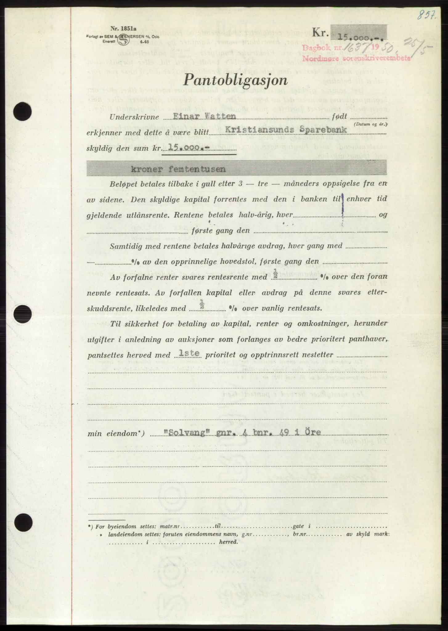 Nordmøre sorenskriveri, AV/SAT-A-4132/1/2/2Ca: Mortgage book no. B104, 1950-1950, Diary no: : 1637/1950