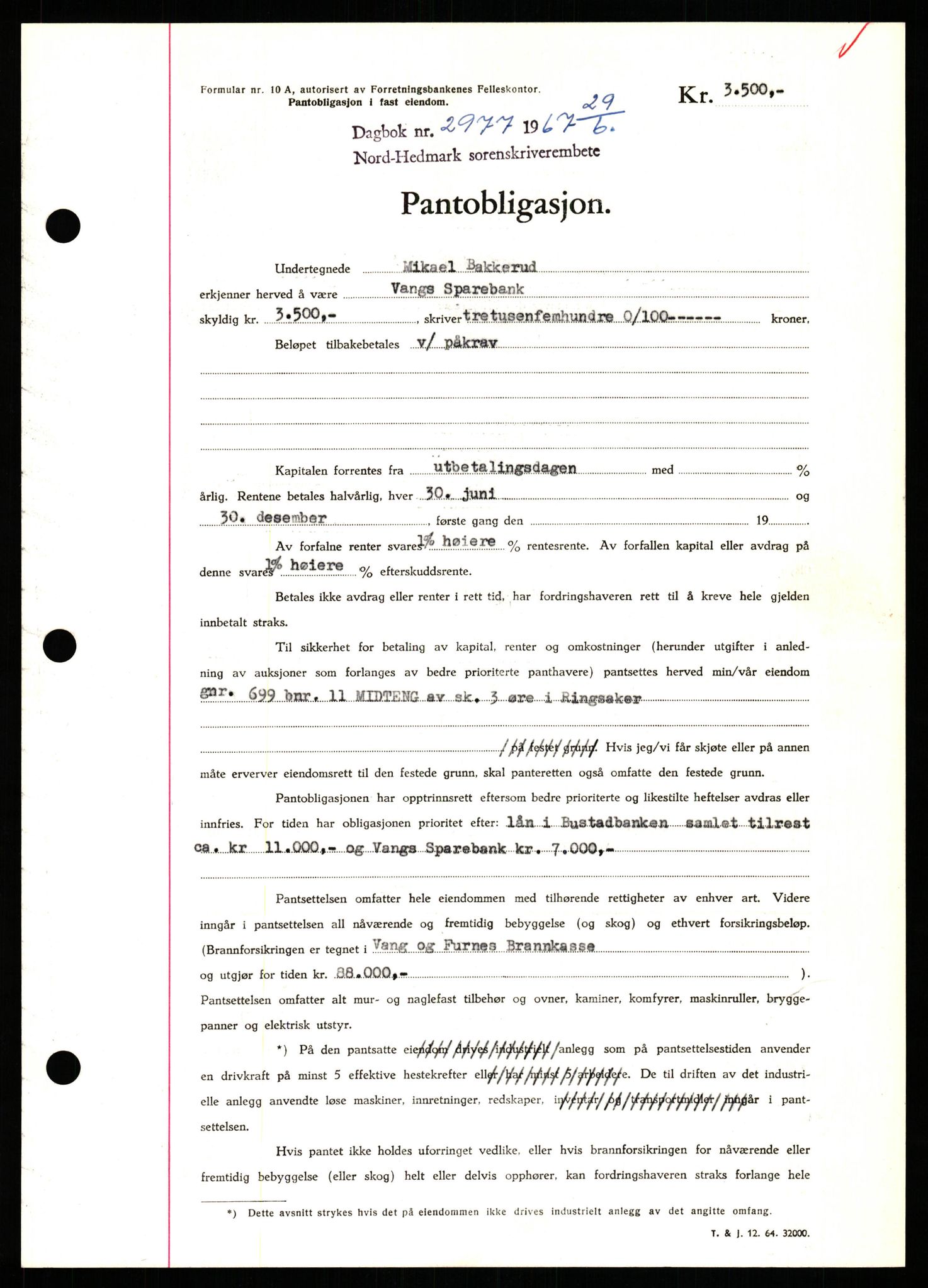 Nord-Hedmark sorenskriveri, SAH/TING-012/H/Hb/Hbf/L0071: Mortgage book no. B71, 1967-1967, Diary no: : 2977/1967