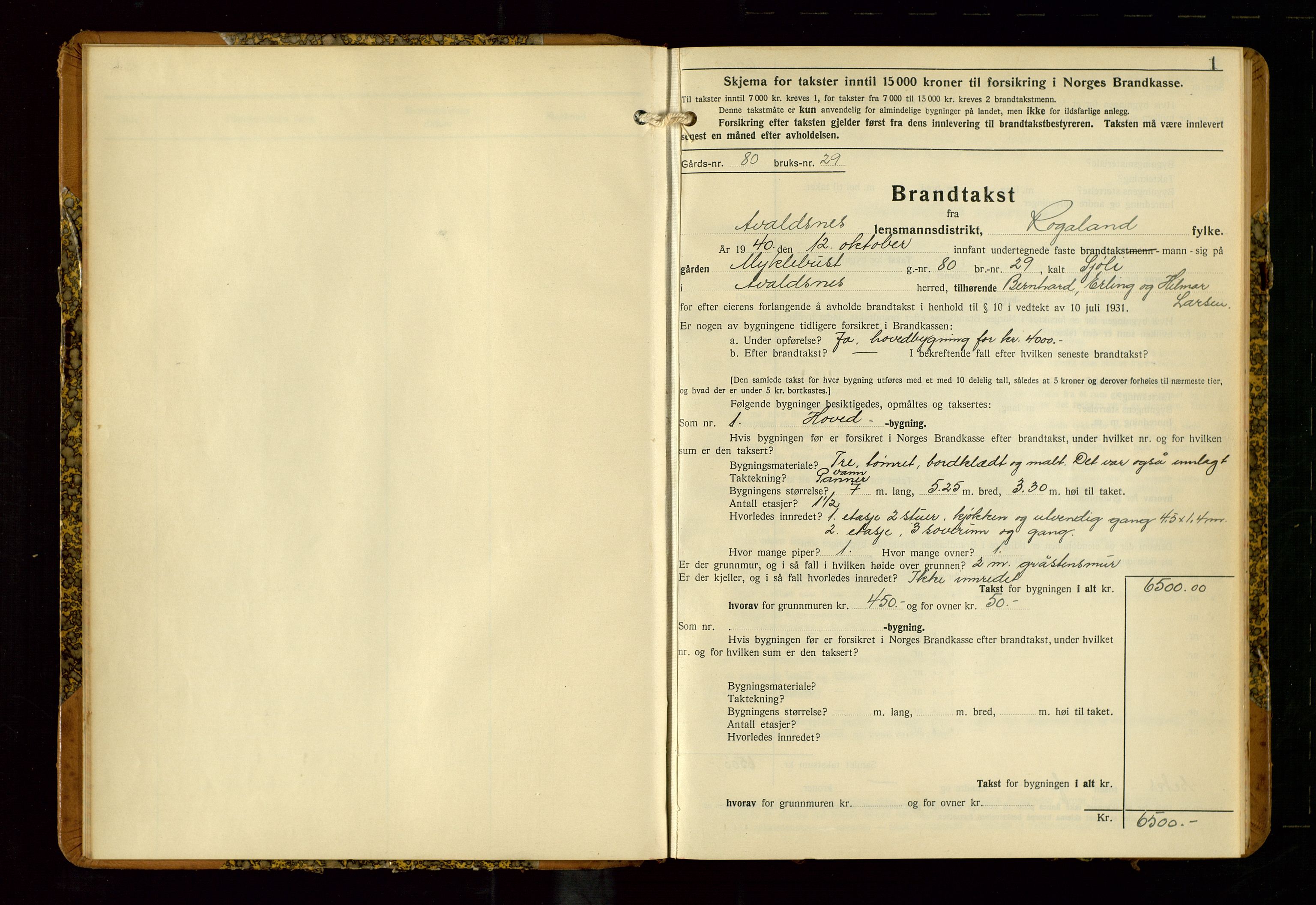 Avaldsnes lensmannskontor, AV/SAST-A-100286/Gob/L0002: "Branntakstprotokoll for Avaldsnes lensmannsdistrikt Rogaland fylke", 1940-1950, p. 1