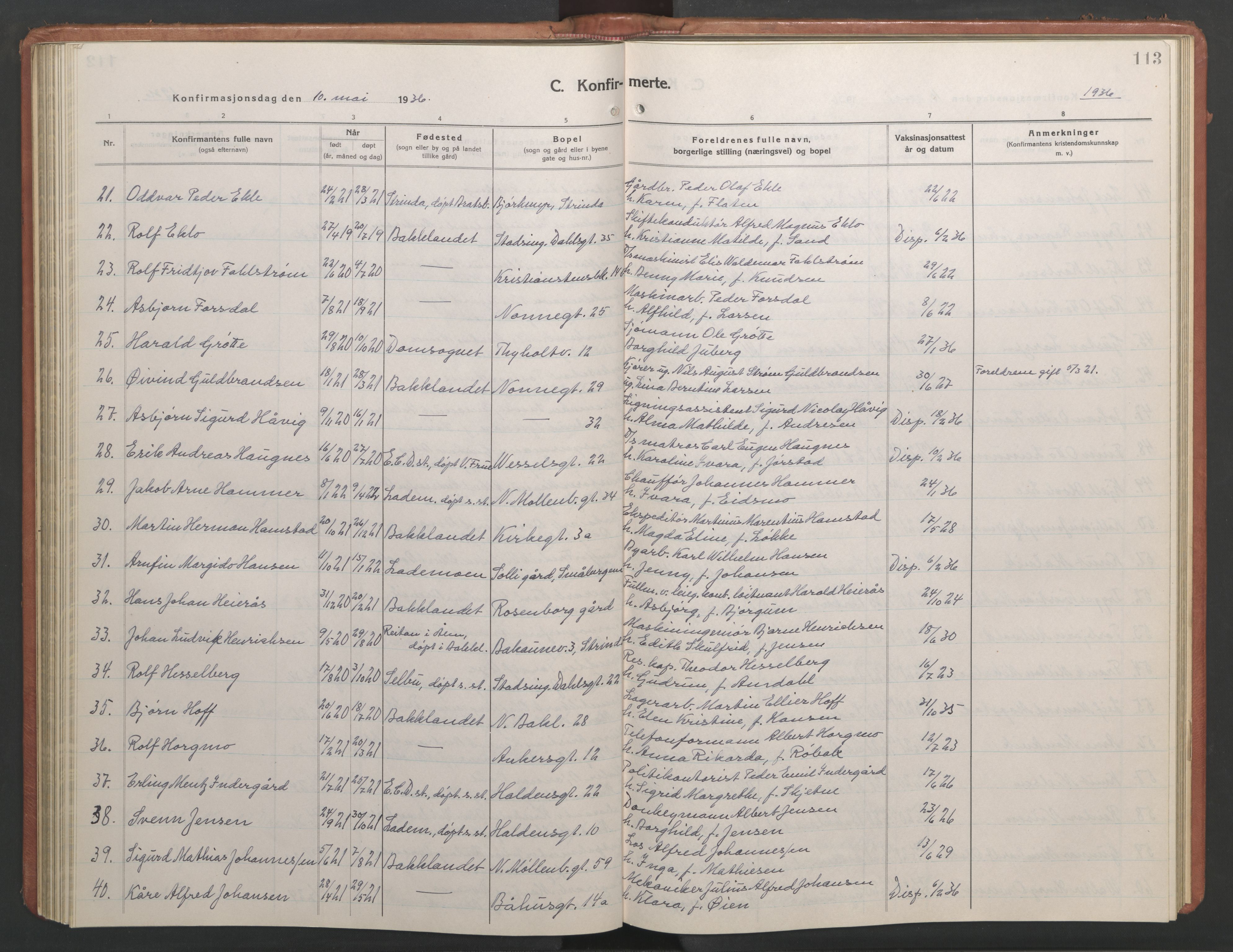 Ministerialprotokoller, klokkerbøker og fødselsregistre - Sør-Trøndelag, SAT/A-1456/604/L0228: Parish register (copy) no. 604C11, 1928-1950, p. 113
