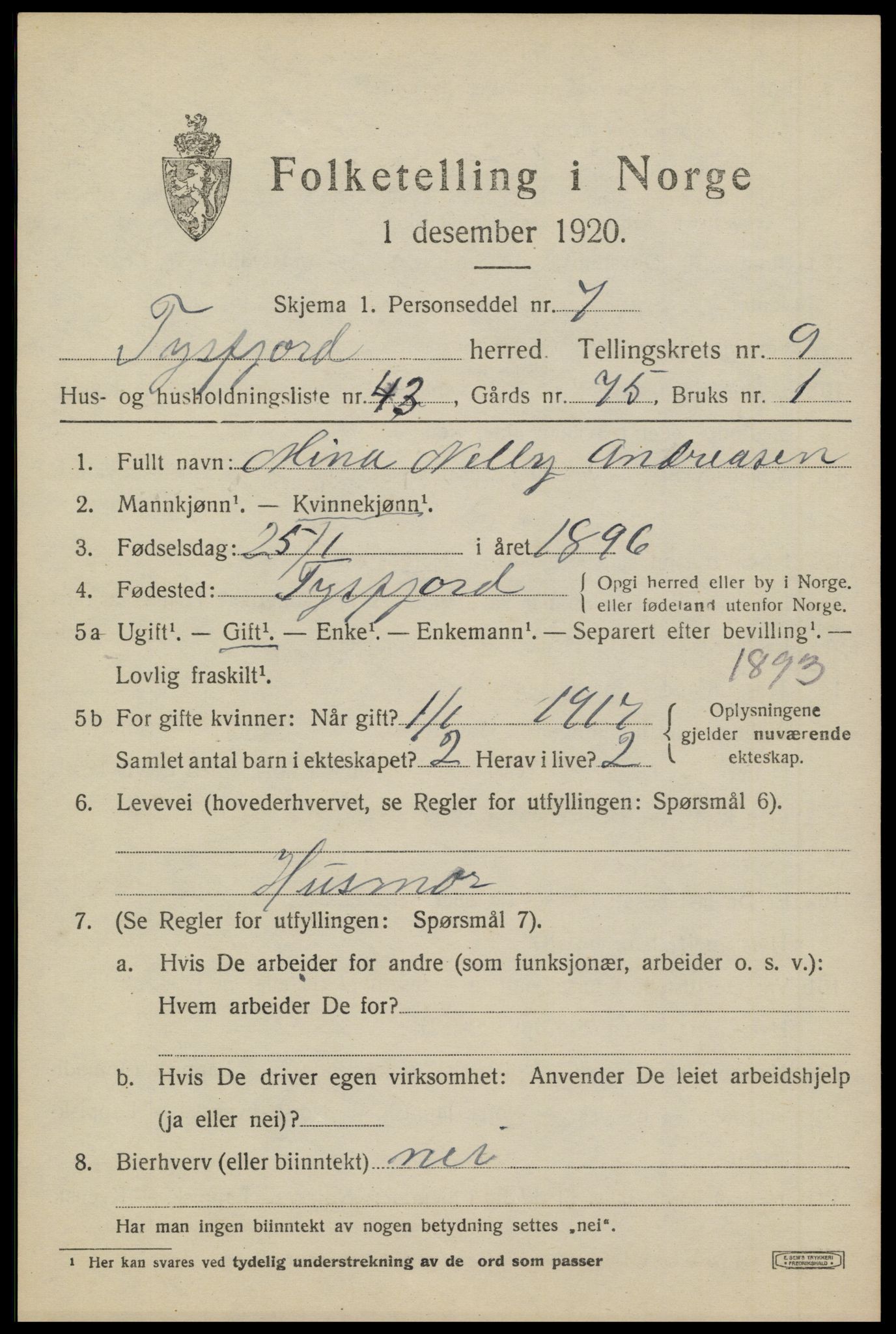 SAT, 1920 census for Tysfjord, 1920, p. 6773