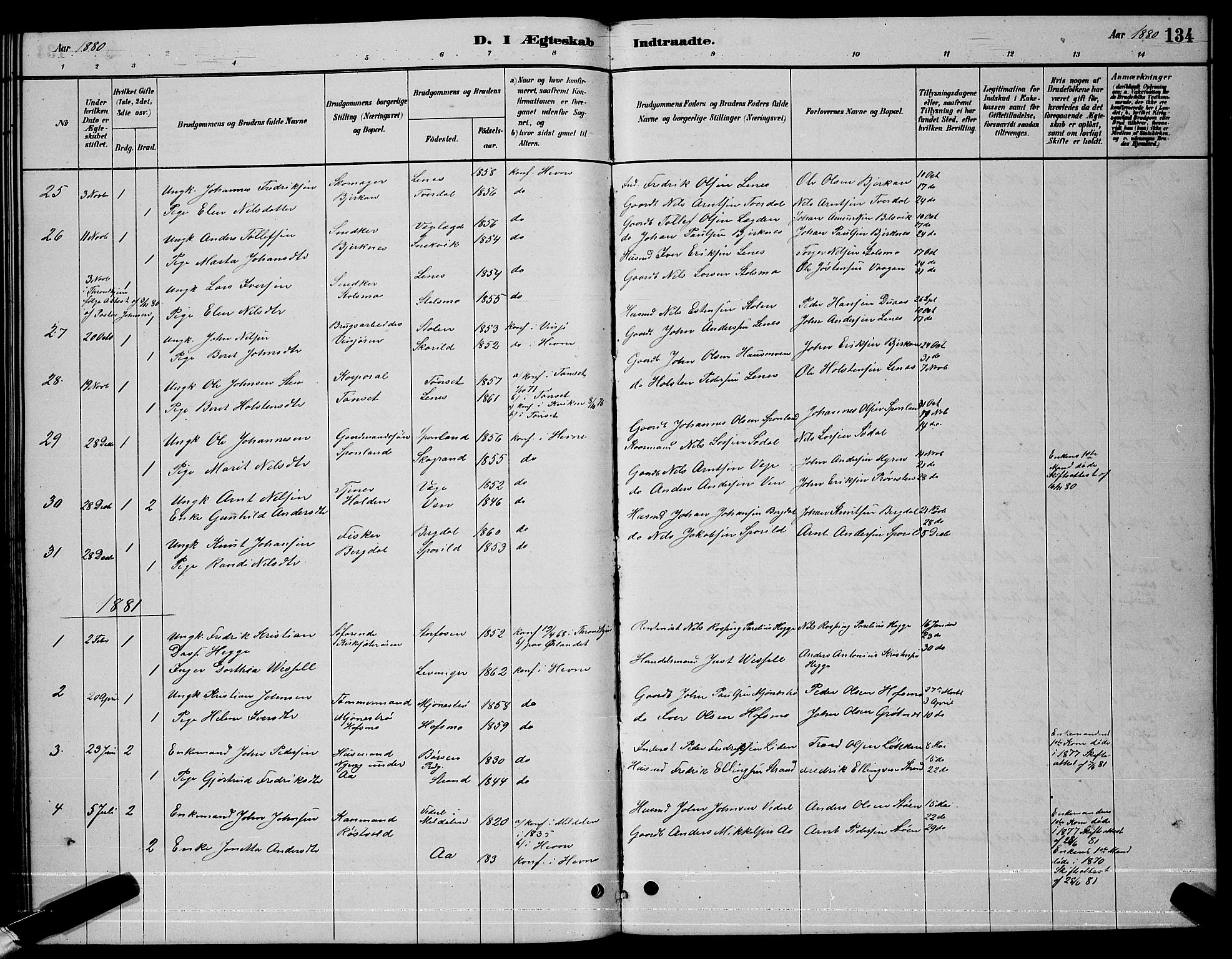 Ministerialprotokoller, klokkerbøker og fødselsregistre - Sør-Trøndelag, SAT/A-1456/630/L0504: Parish register (copy) no. 630C02, 1879-1898, p. 134