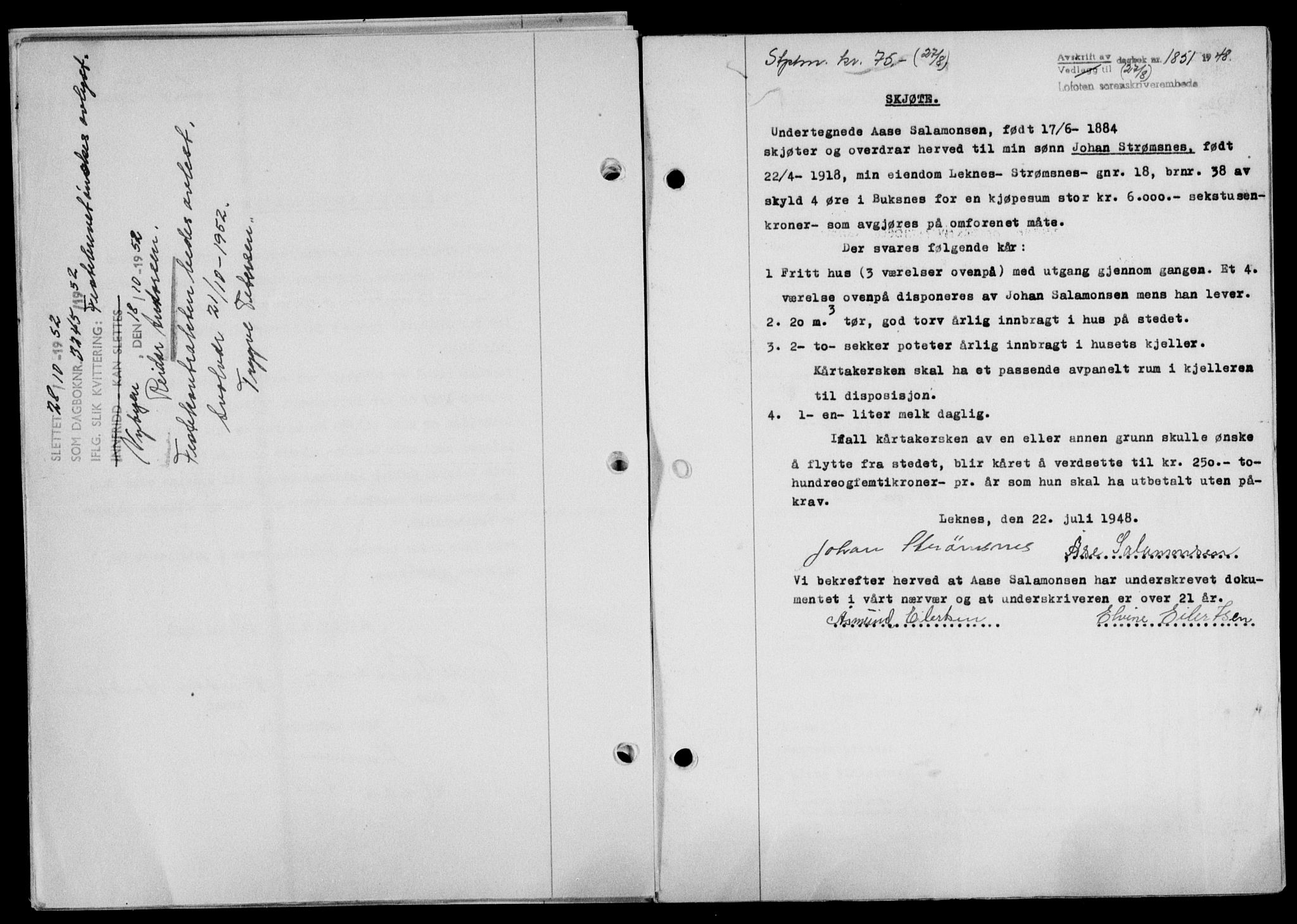 Lofoten sorenskriveri, SAT/A-0017/1/2/2C/L0019a: Mortgage book no. 19a, 1948-1948, Diary no: : 1851/1948