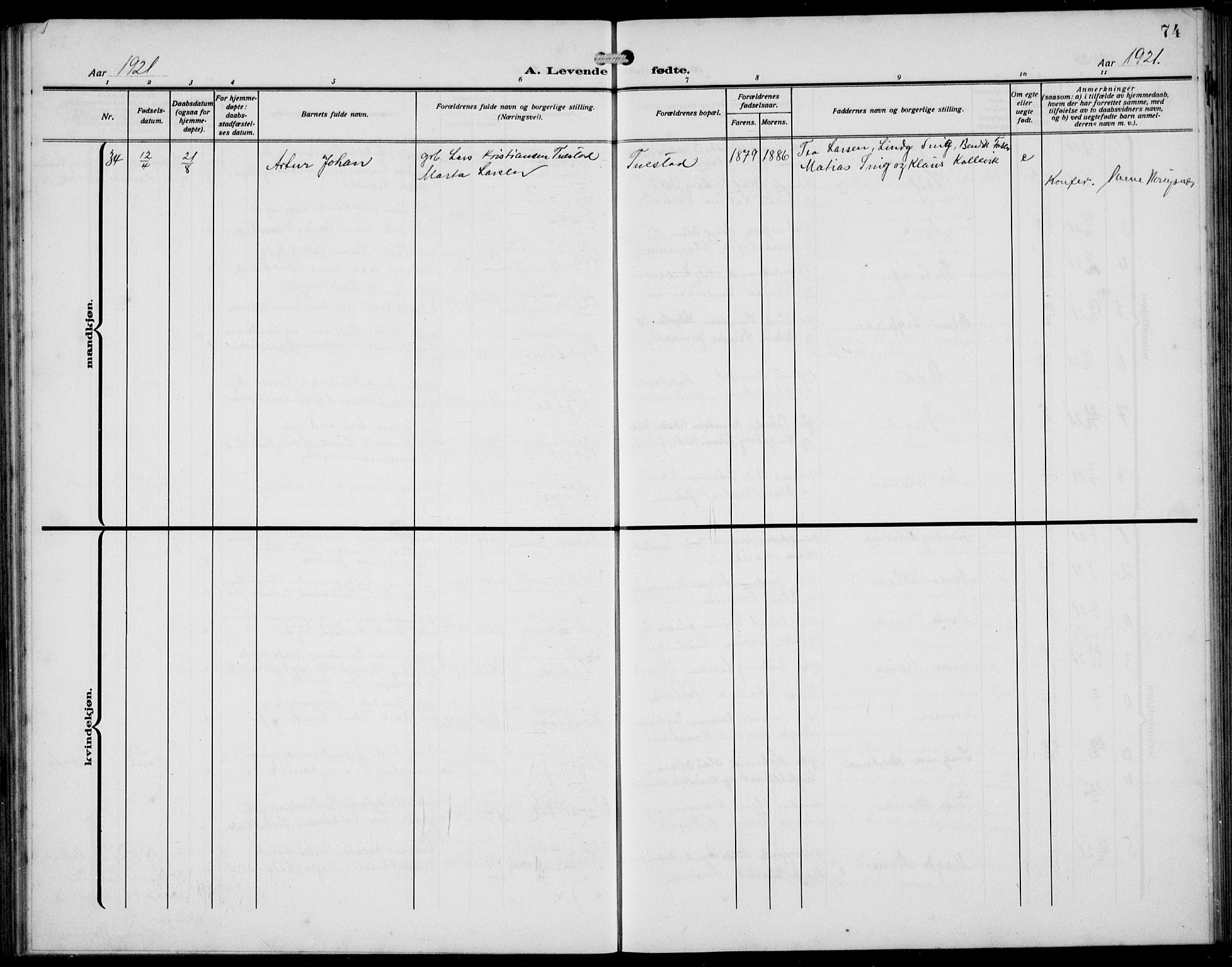 Avaldsnes sokneprestkontor, AV/SAST-A -101851/H/Ha/Hab/L0008: Parish register (copy) no. B 8, 1910-1939, p. 74