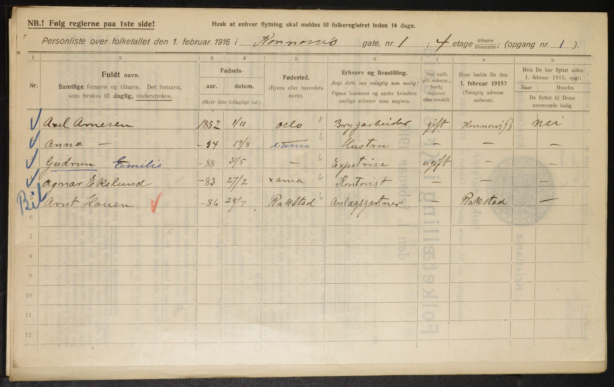 OBA, Municipal Census 1916 for Kristiania, 1916, p. 54134