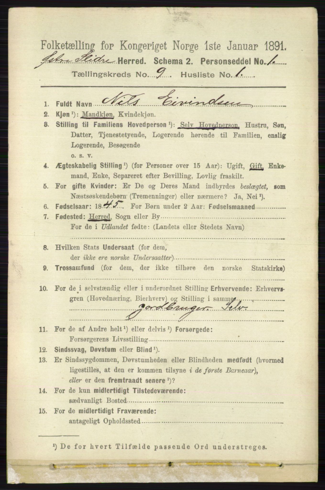 RA, 1891 census for 0544 Øystre Slidre, 1891, p. 3037