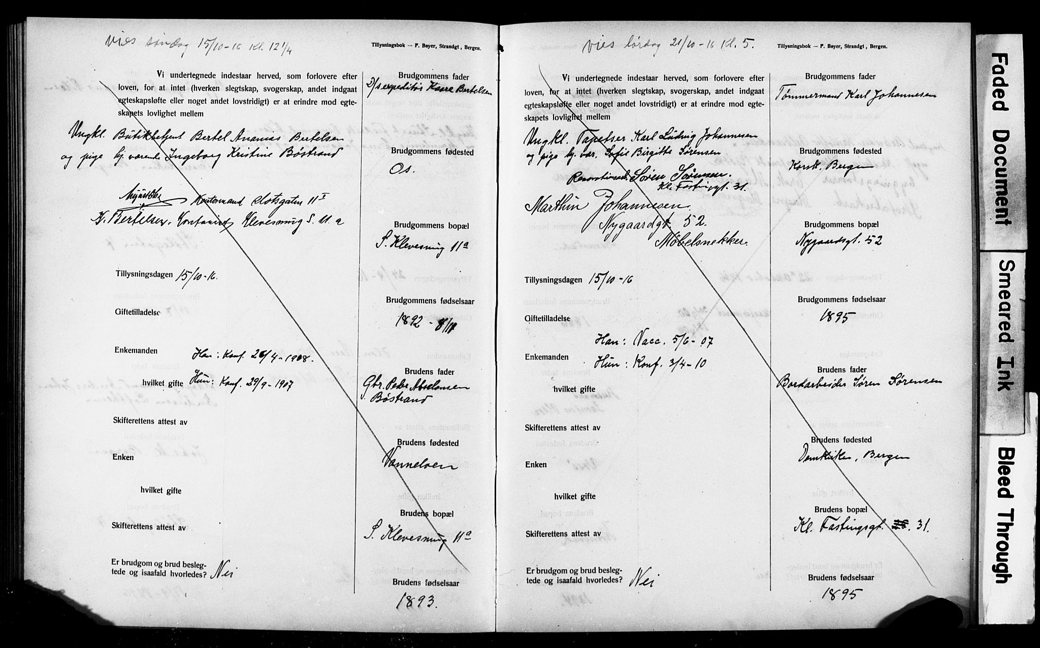 Mariakirken Sokneprestembete, AV/SAB-A-76901: Best man's statements no. II.5.3, 1909-1917, p. 166