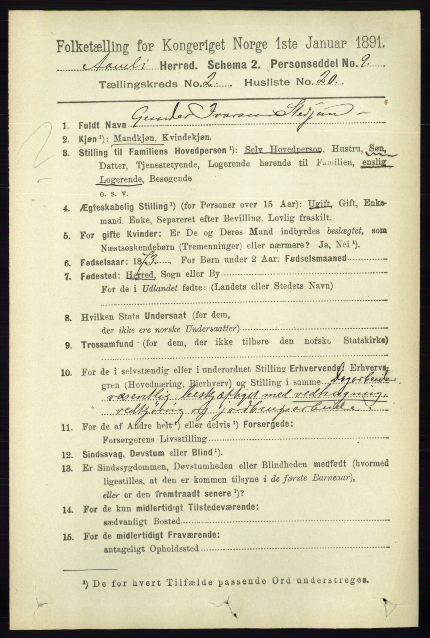 RA, 1891 census for 0929 Åmli, 1891, p. 297