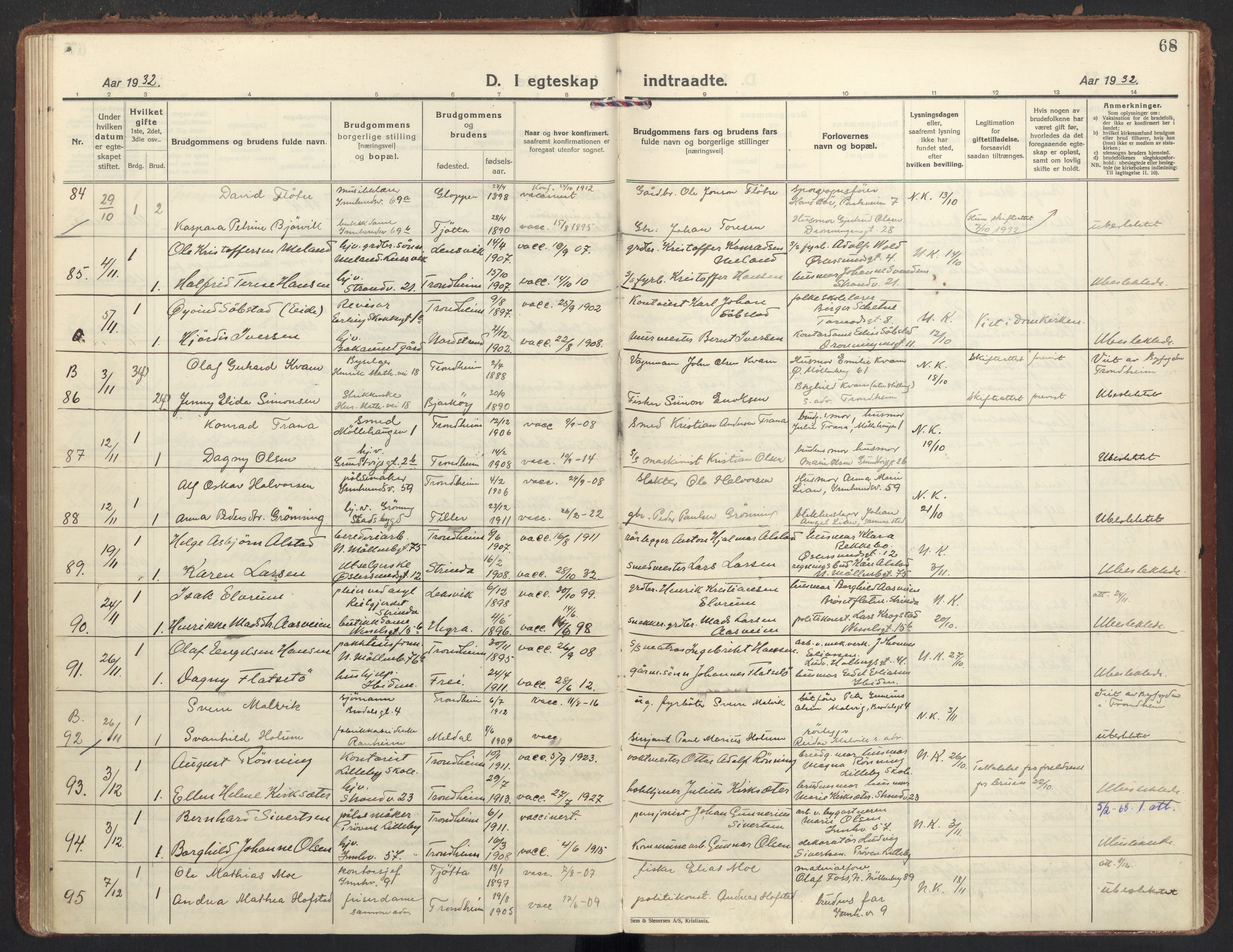 Ministerialprotokoller, klokkerbøker og fødselsregistre - Sør-Trøndelag, SAT/A-1456/605/L0249: Parish register (official) no. 605A11, 1925-1936, p. 68