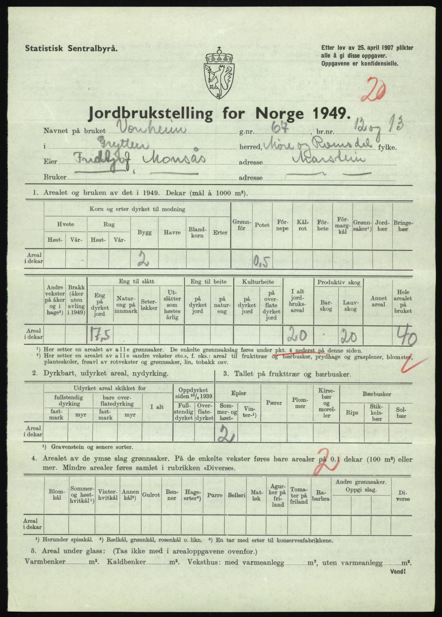 Statistisk sentralbyrå, Næringsøkonomiske emner, Jordbruk, skogbruk, jakt, fiske og fangst, AV/RA-S-2234/G/Gc/L0323: Møre og Romsdal: Grytten og Hen, 1949, p. 97