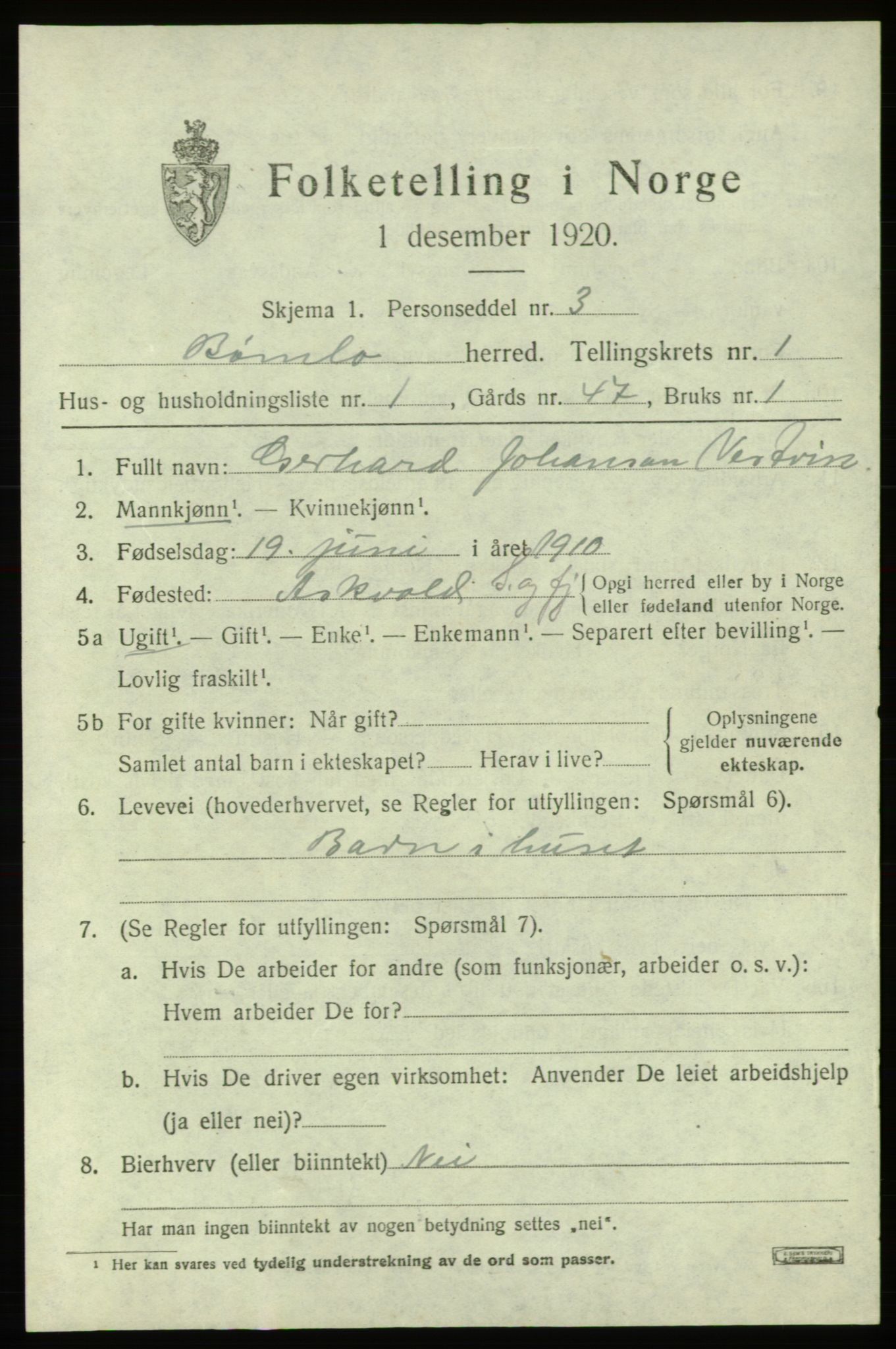 SAB, 1920 census for Bømlo, 1920, p. 451