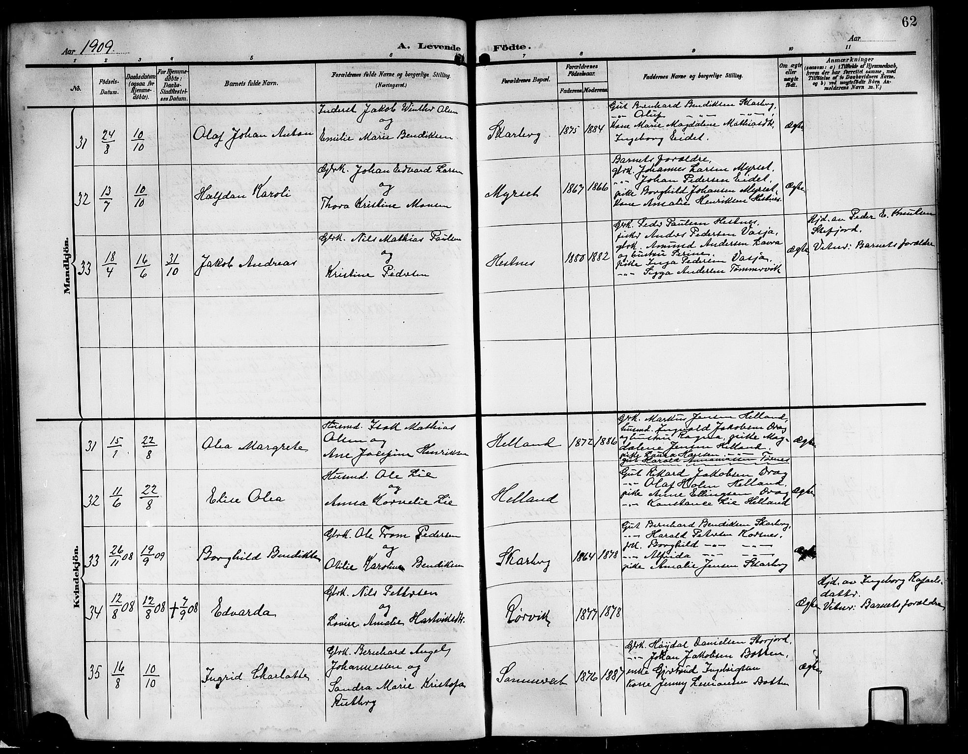 Ministerialprotokoller, klokkerbøker og fødselsregistre - Nordland, AV/SAT-A-1459/861/L0877: Parish register (copy) no. 861C03, 1903-1919, p. 62