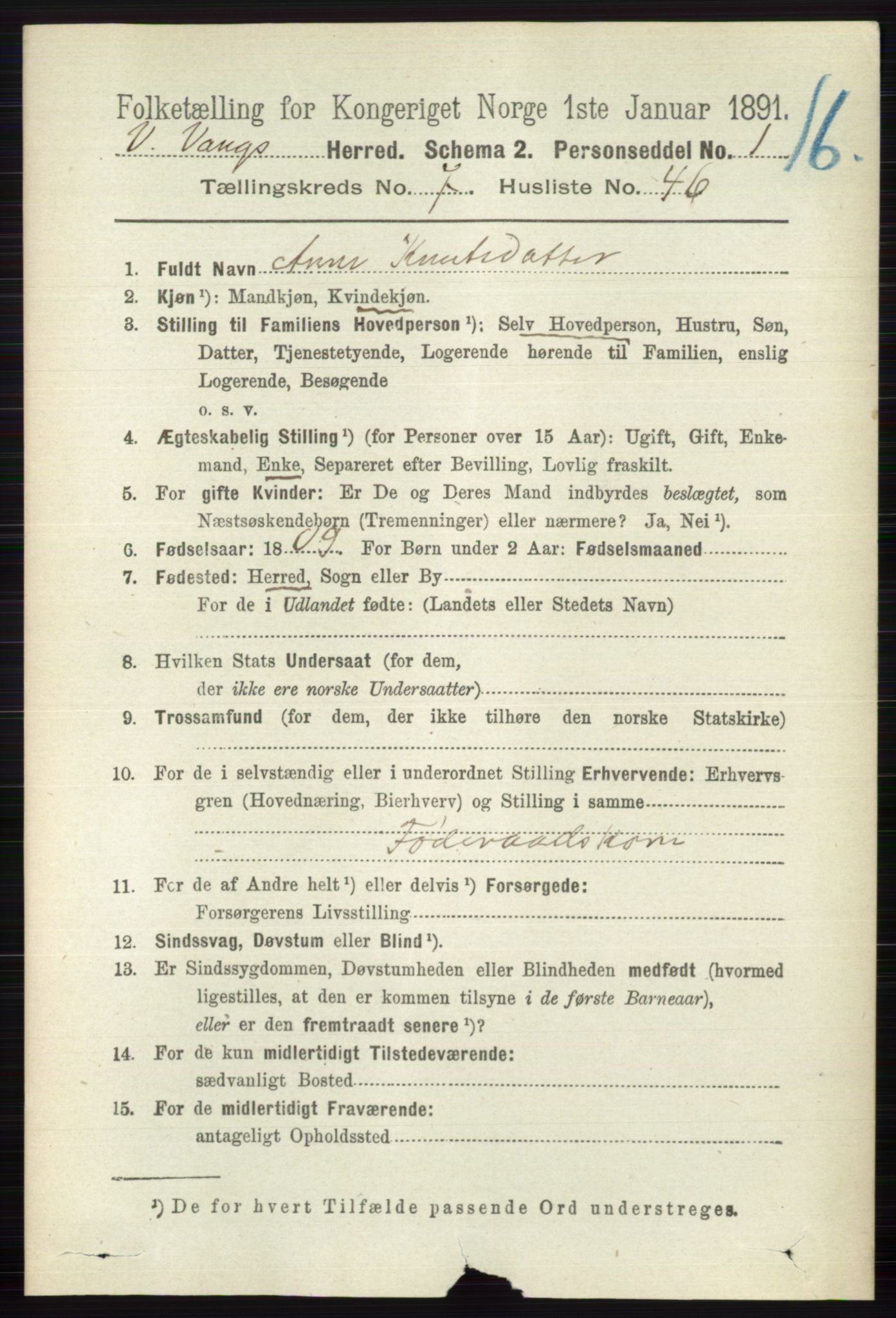 RA, 1891 census for 0545 Vang, 1891, p. 1703
