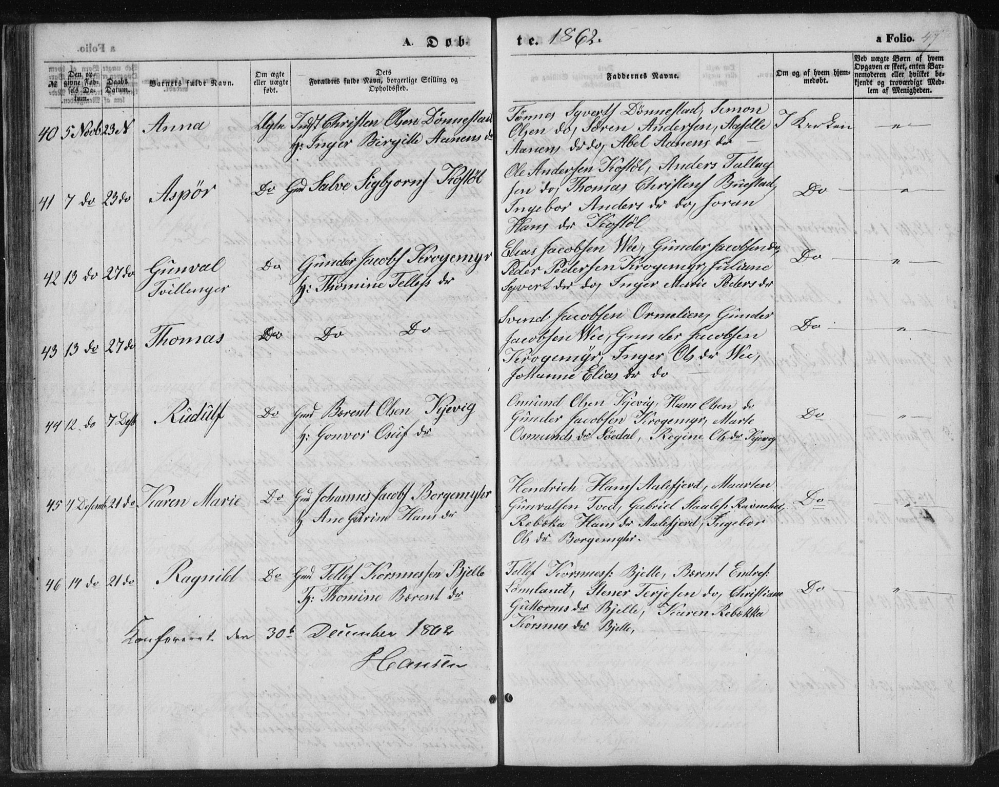 Tveit sokneprestkontor, AV/SAK-1111-0043/F/Fb/L0003: Parish register (copy) no. B 3, 1854-1886, p. 47