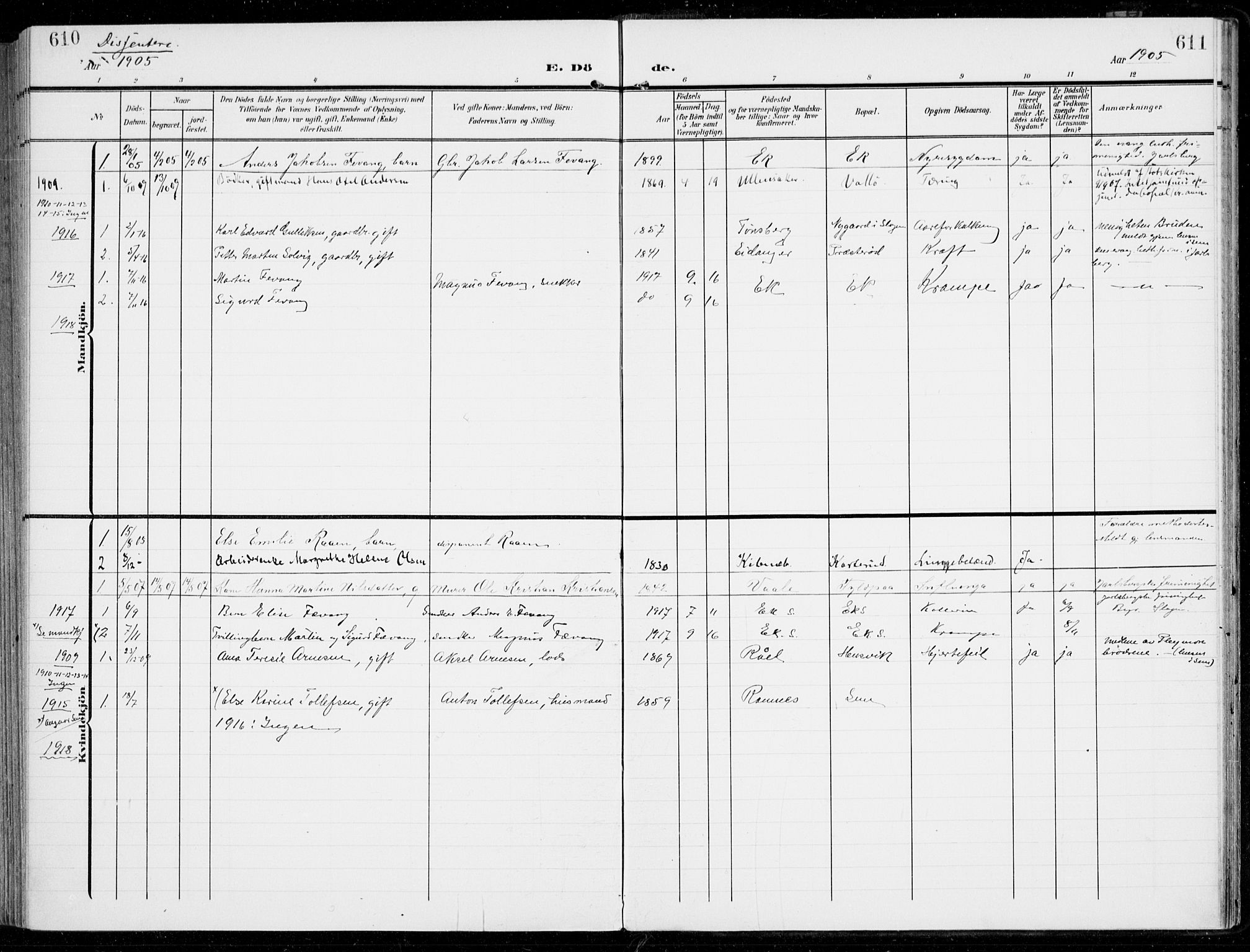 Sem kirkebøker, AV/SAKO-A-5/F/Fb/L0006: Parish register (official) no. II 6, 1905-1918, p. 610-611