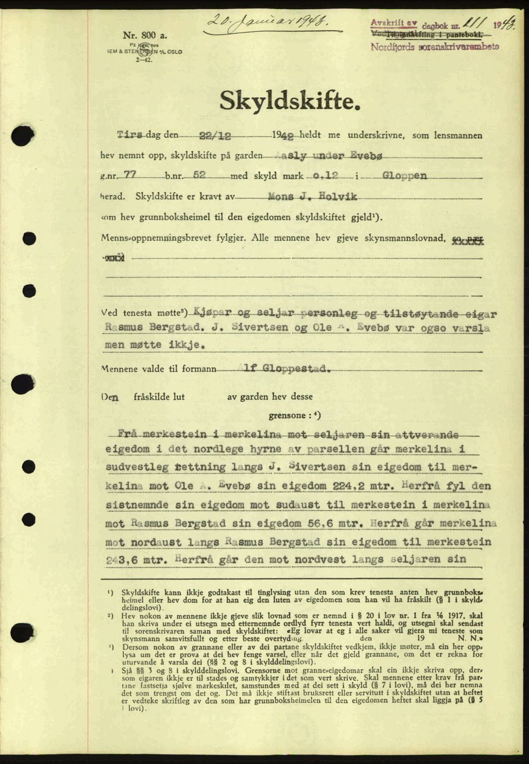 Nordfjord sorenskriveri, SAB/A-2801/02/02b/02bj/L0007: Mortgage book no. A7, 1941-1943, Diary no: : 111/1943