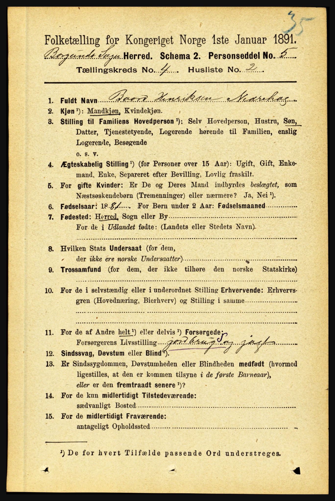 RA, 1891 census for 1423 Borgund, 1891, p. 837