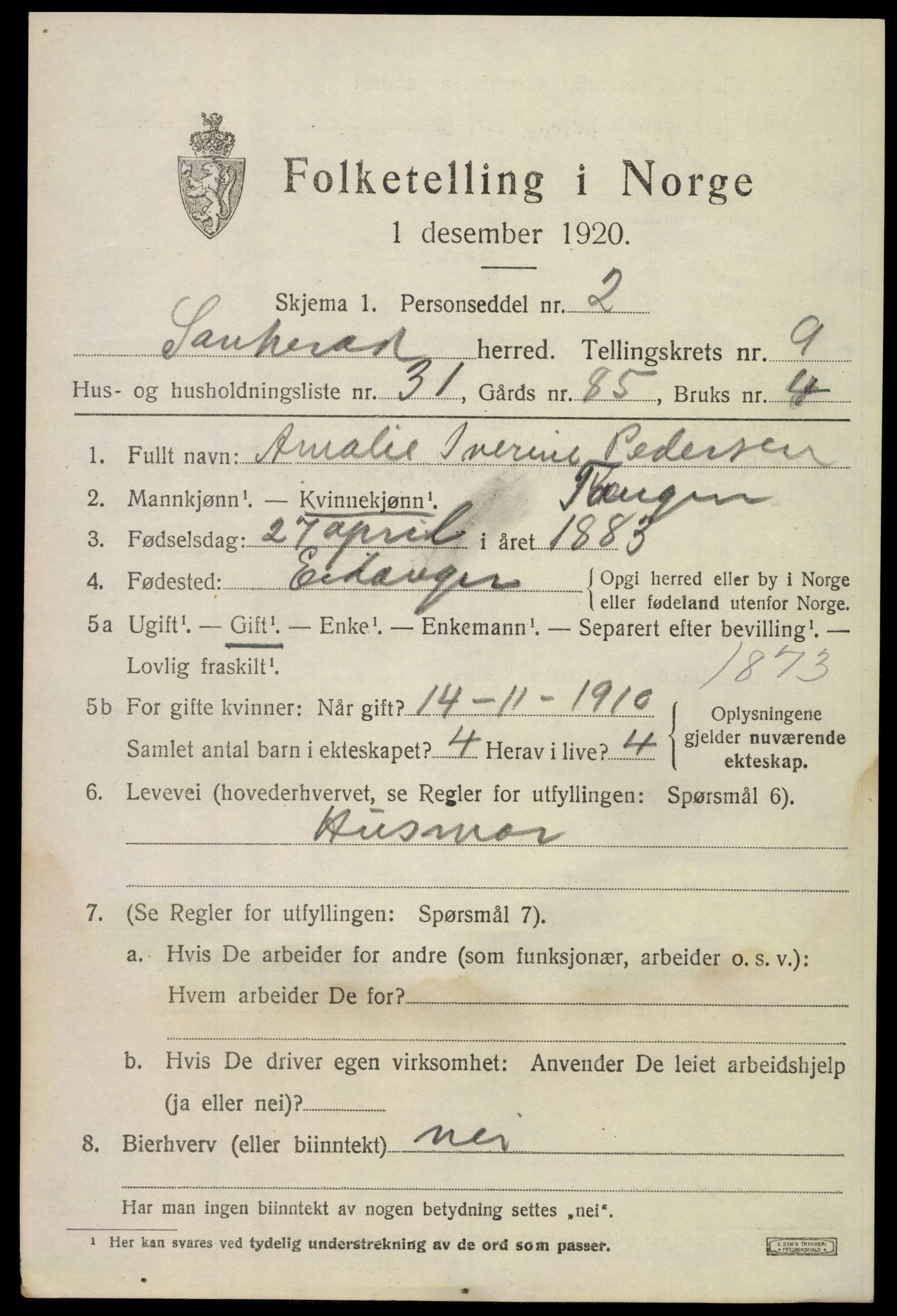 SAKO, 1920 census for Sauherad, 1920, p. 7153