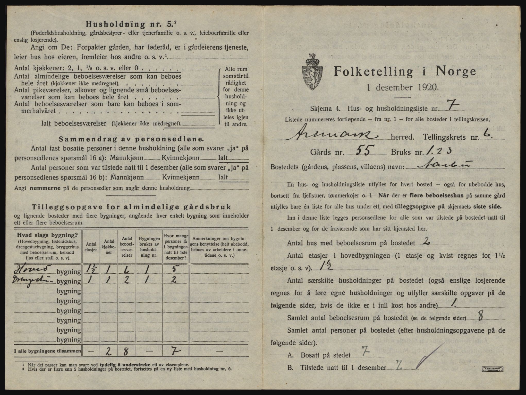 SAO, 1920 census for Aremark, 1920, p. 595