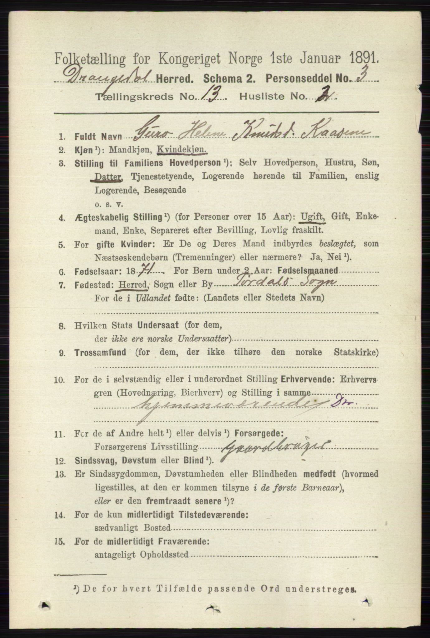 RA, 1891 census for 0817 Drangedal, 1891, p. 4713