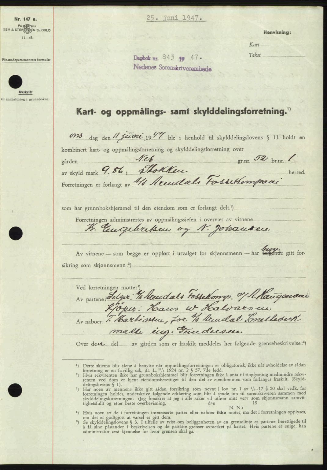 Nedenes sorenskriveri, AV/SAK-1221-0006/G/Gb/Gba/L0057: Mortgage book no. A9, 1947-1947, Diary no: : 843/1947