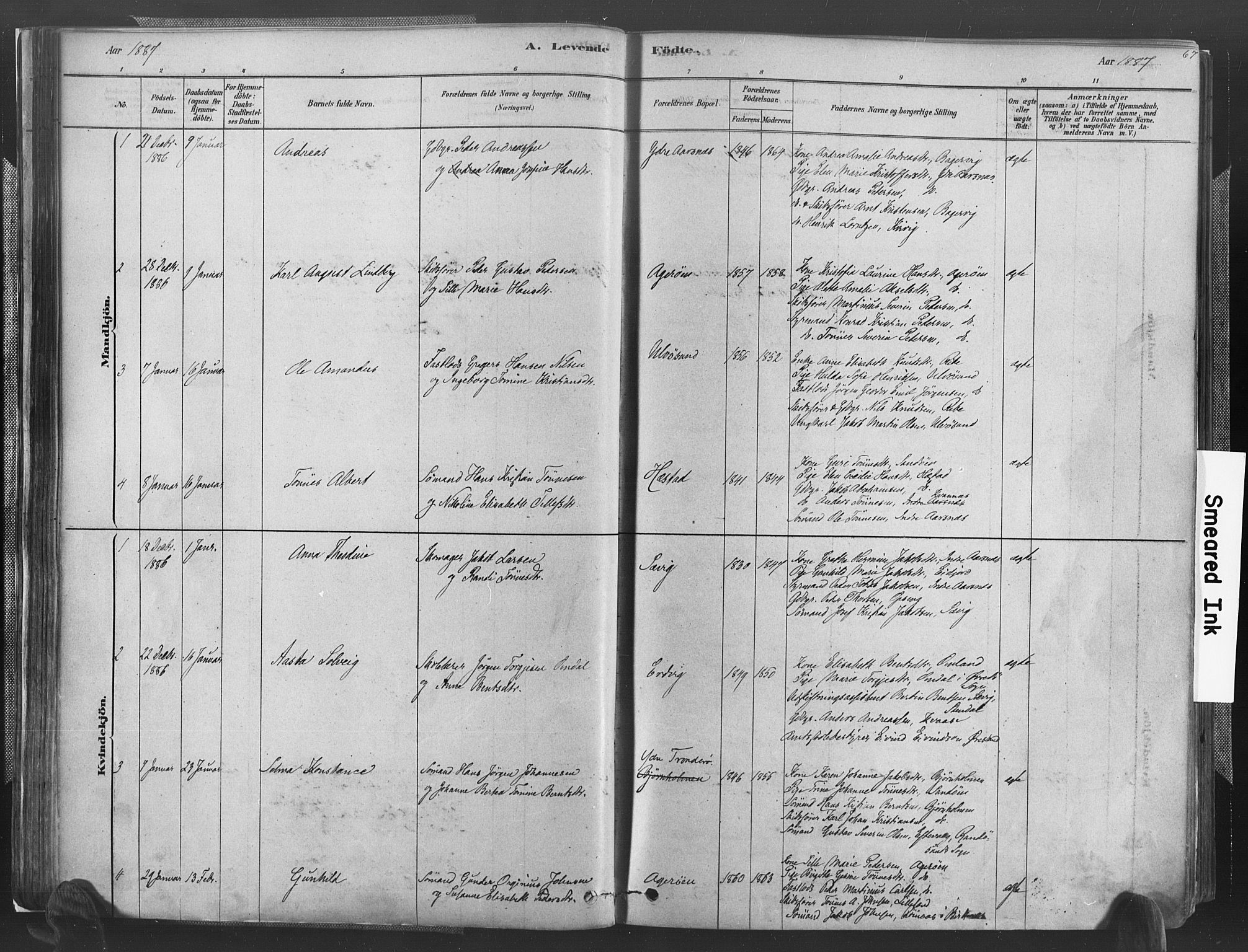 Høvåg sokneprestkontor, SAK/1111-0025/F/Fa/L0005: Parish register (official) no. A 5, 1878-1893, p. 67