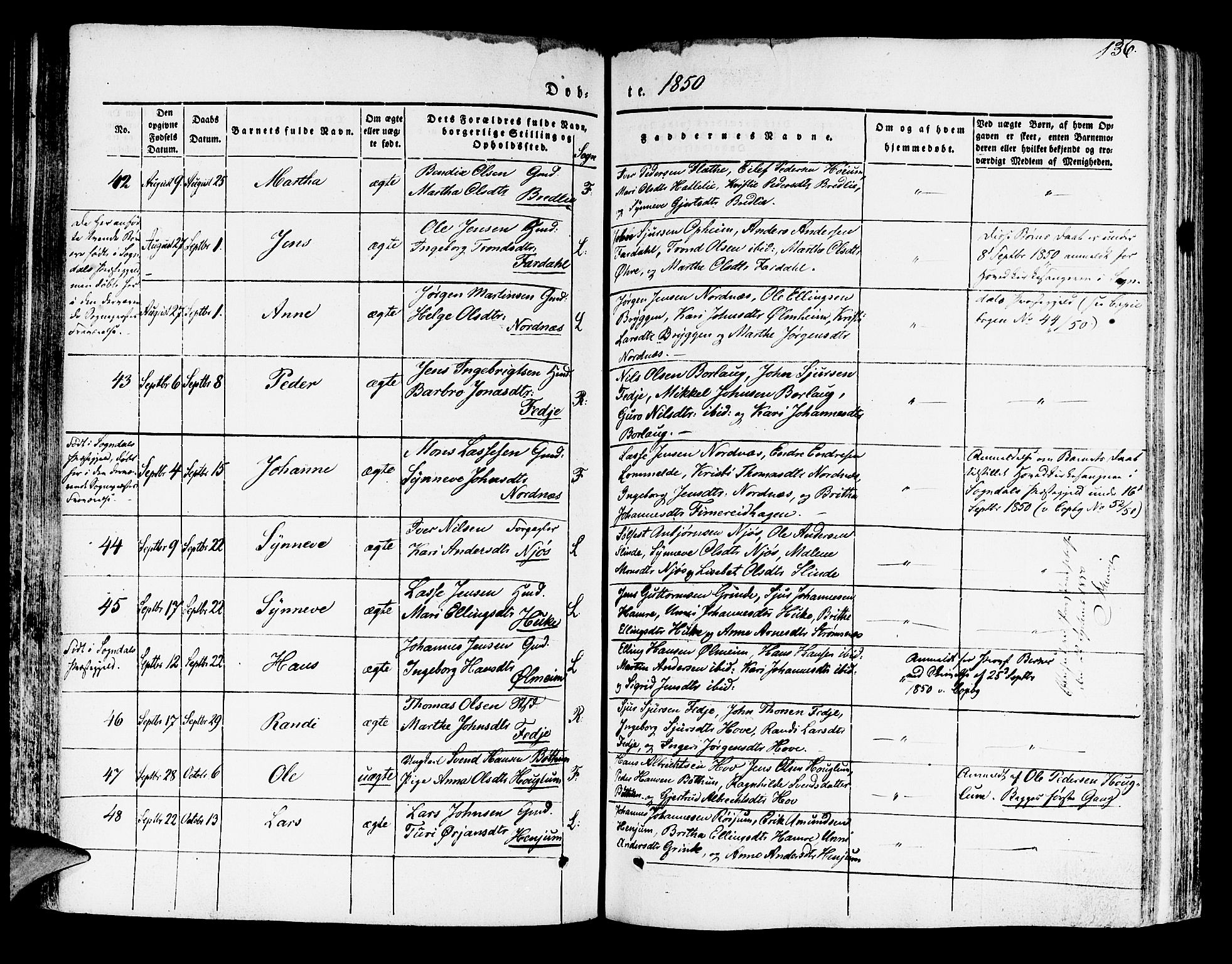 Leikanger sokneprestembete, AV/SAB-A-81001/H/Haa/Haaa/L0007: Parish register (official) no. A 7, 1838-1851, p. 136