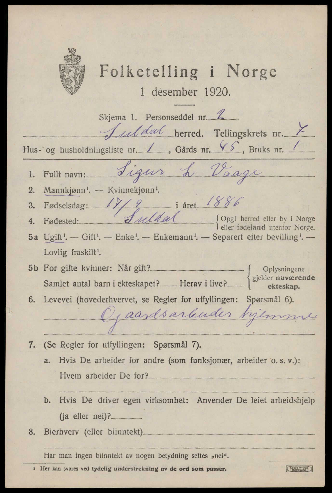 SAST, 1920 census for Suldal, 1920, p. 1750