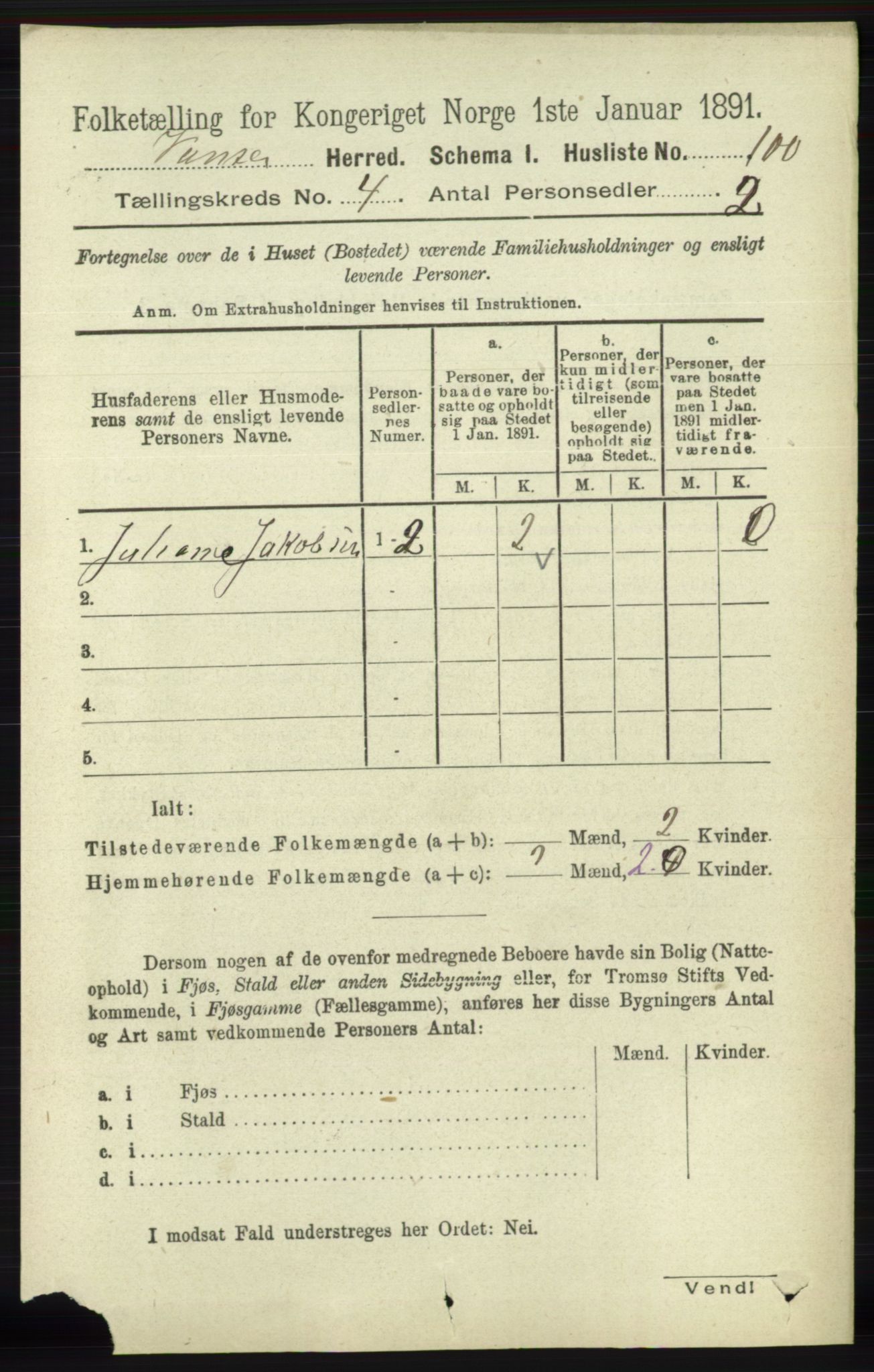 RA, 1891 census for 1041 Vanse, 1891, p. 2139
