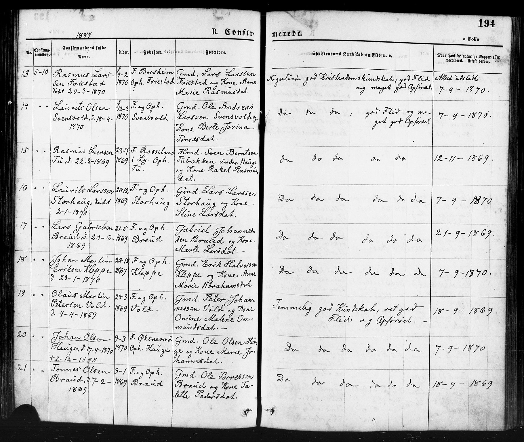 Klepp sokneprestkontor, AV/SAST-A-101803/001/3/30BA/L0006: Parish register (official) no. A 6, 1871-1885, p. 194