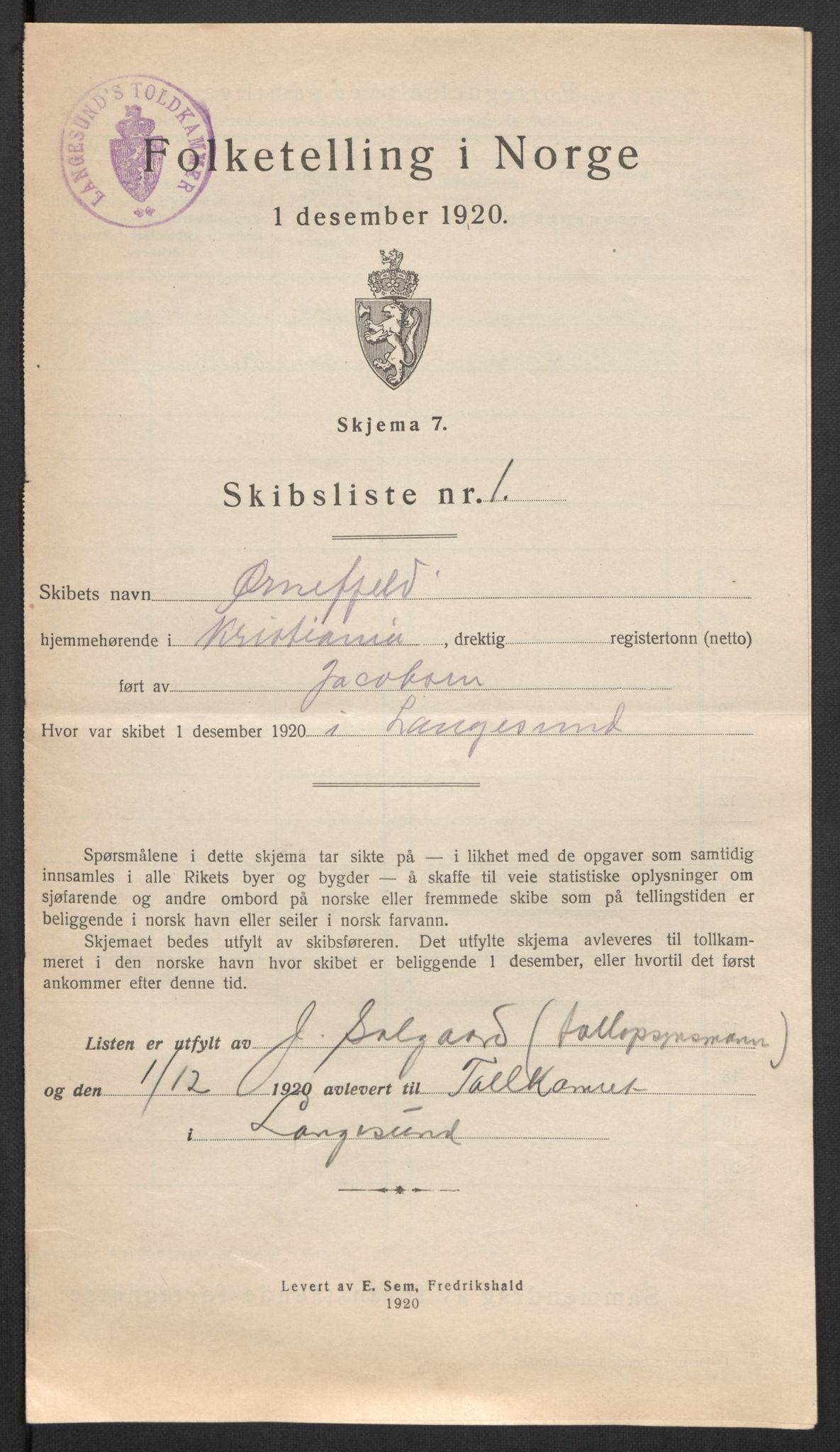 SAKO, 1920 census for Langesund, 1920, p. 5539