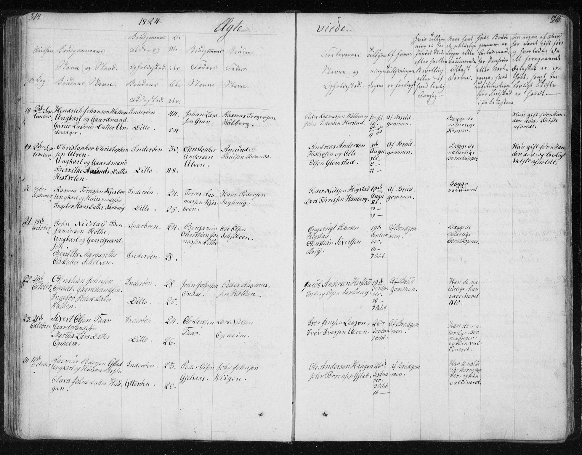 Ministerialprotokoller, klokkerbøker og fødselsregistre - Nord-Trøndelag, SAT/A-1458/730/L0276: Parish register (official) no. 730A05, 1822-1830, p. 314-315