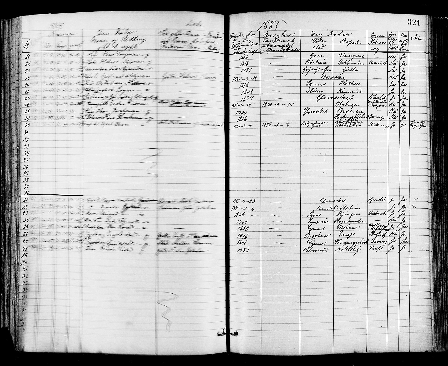 Jevnaker prestekontor, AV/SAH-PREST-116/H/Ha/Haa/L0008: Parish register (official) no. 8, 1877-1890, p. 321