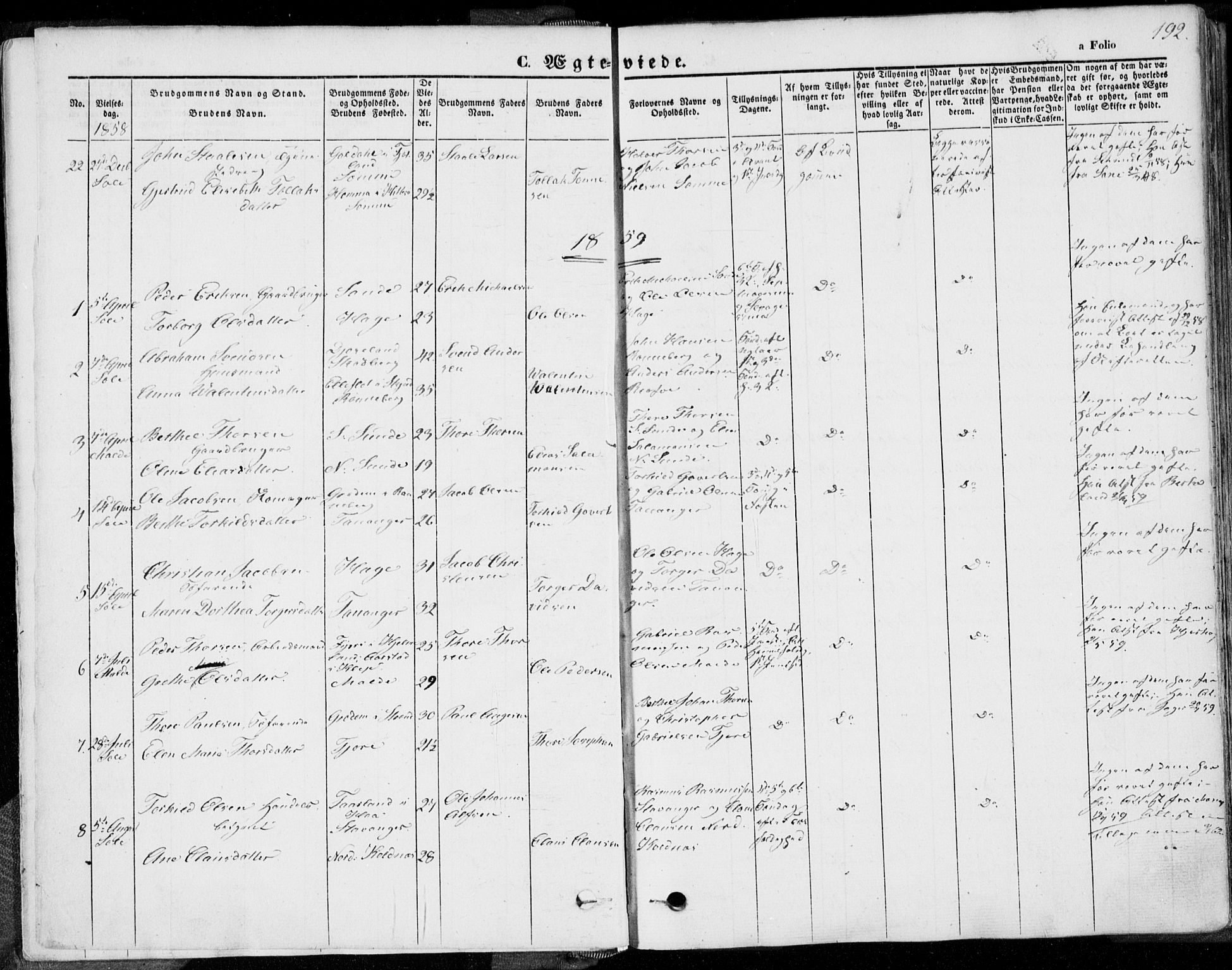 Håland sokneprestkontor, SAST/A-101802/001/30BA/L0008: Parish register (official) no. A 7.2, 1854-1870, p. 192