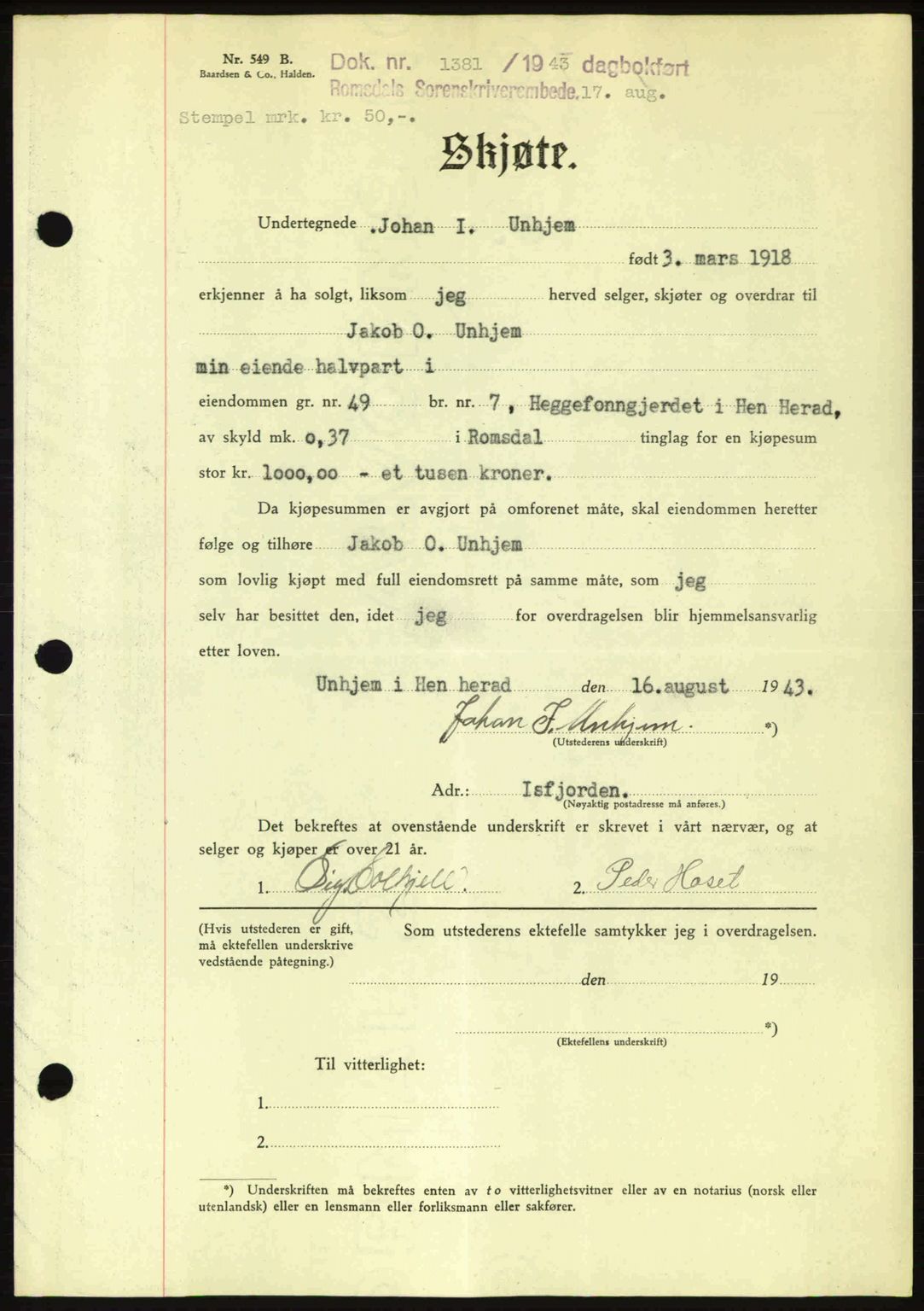 Romsdal sorenskriveri, AV/SAT-A-4149/1/2/2C: Mortgage book no. A14, 1943-1943, Diary no: : 1381/1943