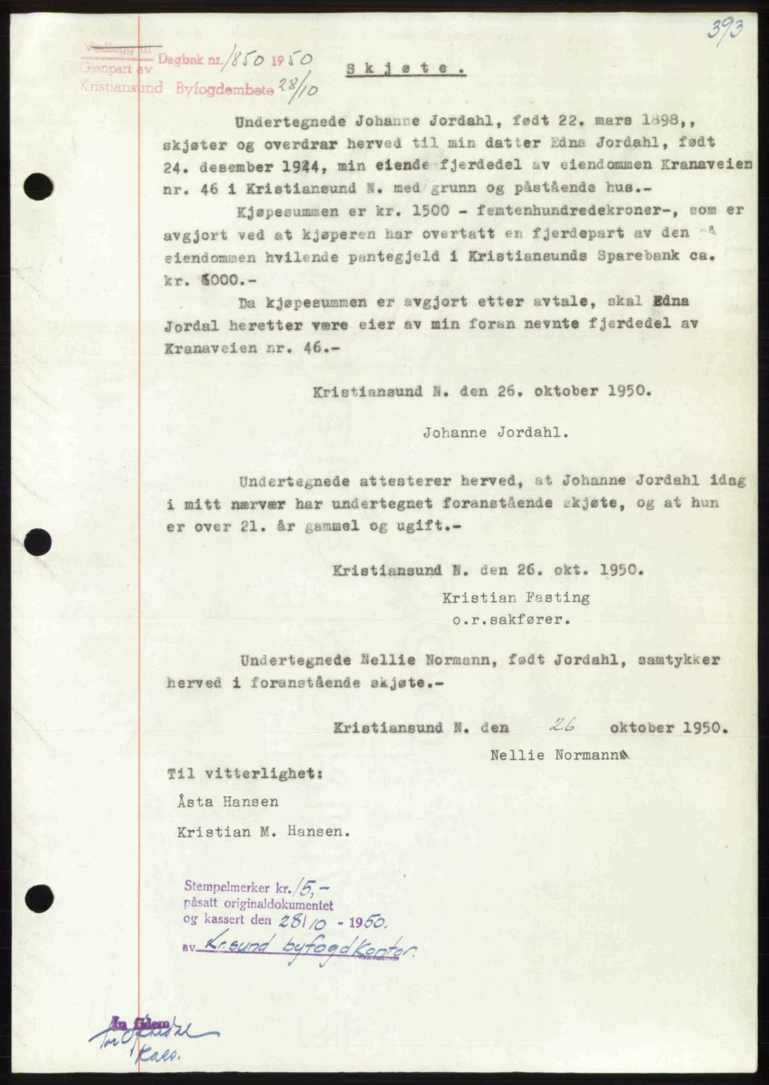 Kristiansund byfogd, AV/SAT-A-4587/A/27: Mortgage book no. 46, 1949-1950, Diary no: : 1850/1950