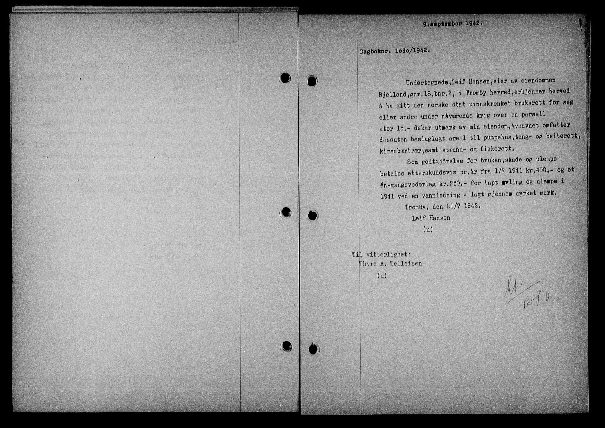 Nedenes sorenskriveri, SAK/1221-0006/G/Gb/Gba/L0049: Mortgage book no. A-III, 1941-1942, Diary no: : 1030/1942