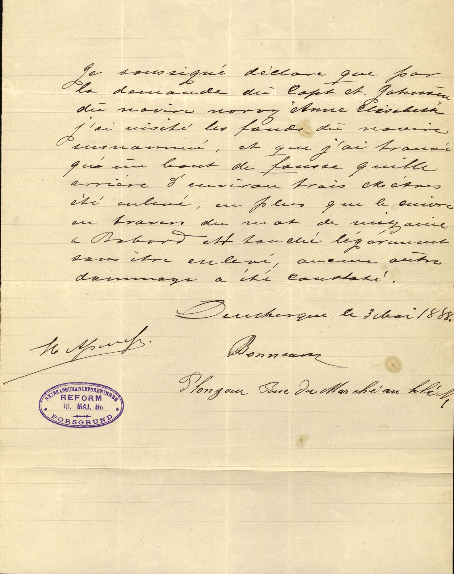 Pa 63 - Østlandske skibsassuranceforening, VEMU/A-1079/G/Ga/L0021/0009: Havaridokumenter / Anne, Elizabeth, Asker, Avenir, Bernadotte, 1888, p. 4