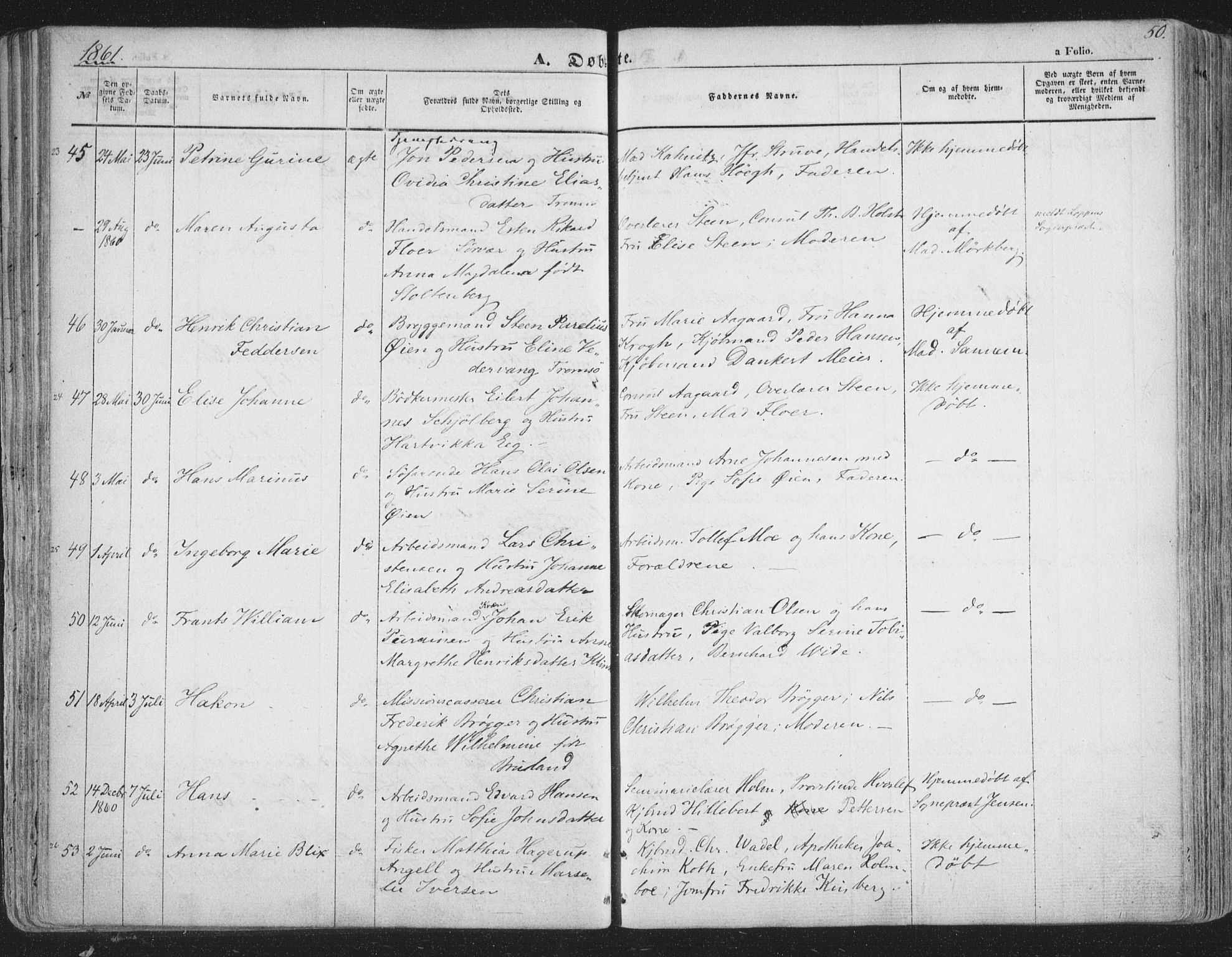 Tromsø sokneprestkontor/stiftsprosti/domprosti, SATØ/S-1343/G/Ga/L0011kirke: Parish register (official) no. 11, 1856-1865, p. 50