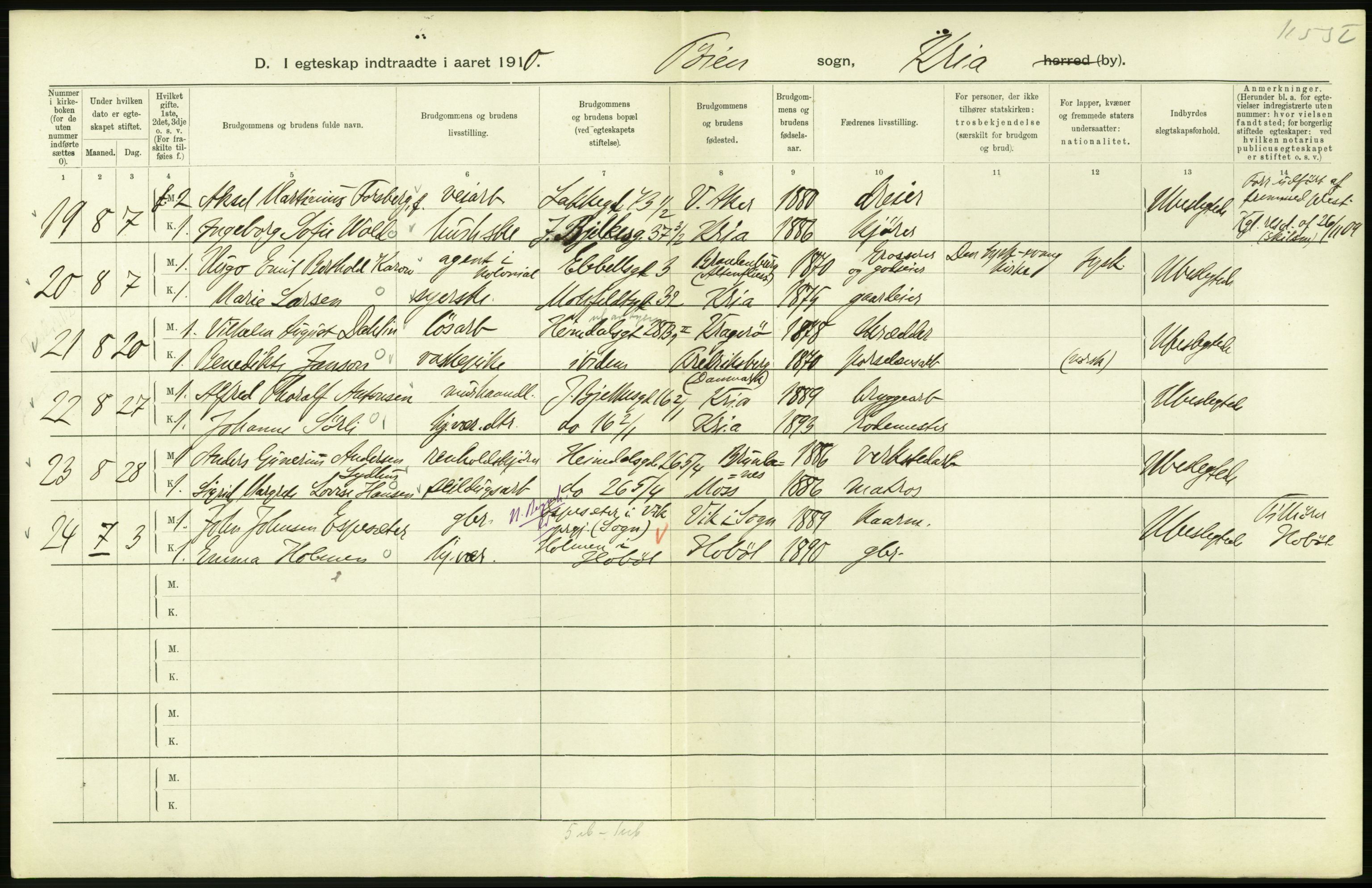 Statistisk sentralbyrå, Sosiodemografiske emner, Befolkning, AV/RA-S-2228/D/Df/Dfa/Dfah/L0009: Kristiania: Gifte og dødfødte., 1910, p. 338