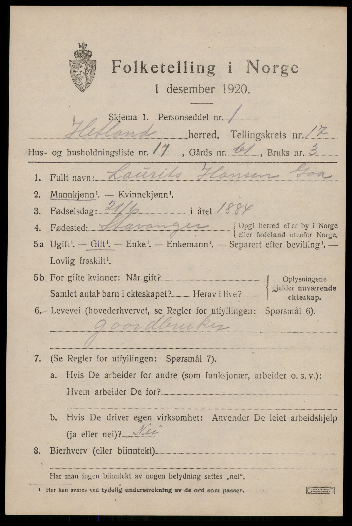 SAST, 1920 census for Hetland, 1920, p. 24711