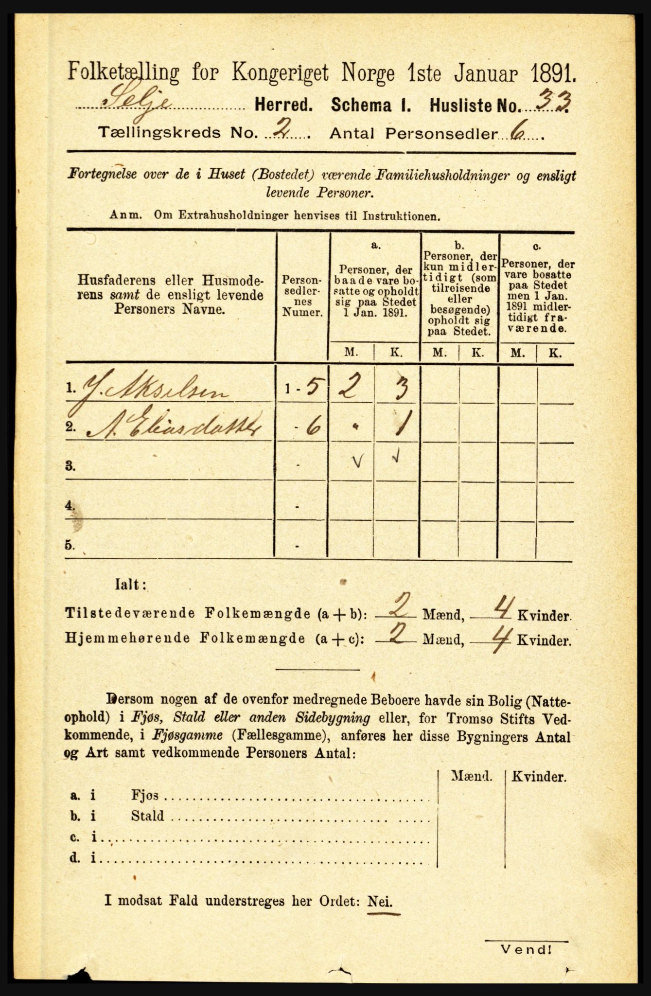 RA, 1891 census for 1441 Selje, 1891, p. 381