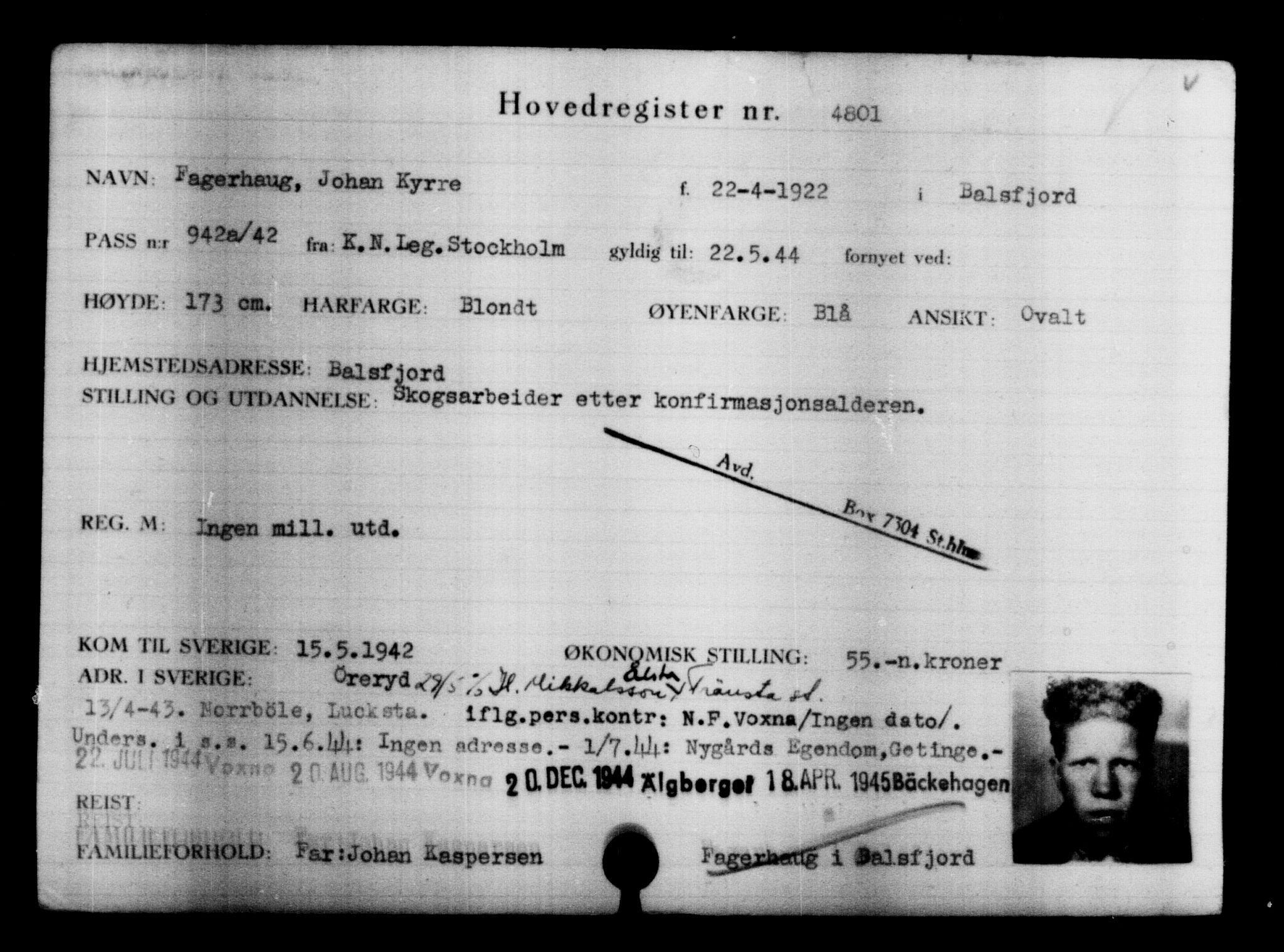 Utenriksstasjonene, Legasjonen i Stockholm, Flyktningkontoret, AV/RA-S-6753/V/Va/L0004: Kjesäterkartoteket, flyktninger med registreringsnr. 3496-6610, 1940-1945, p. 1544