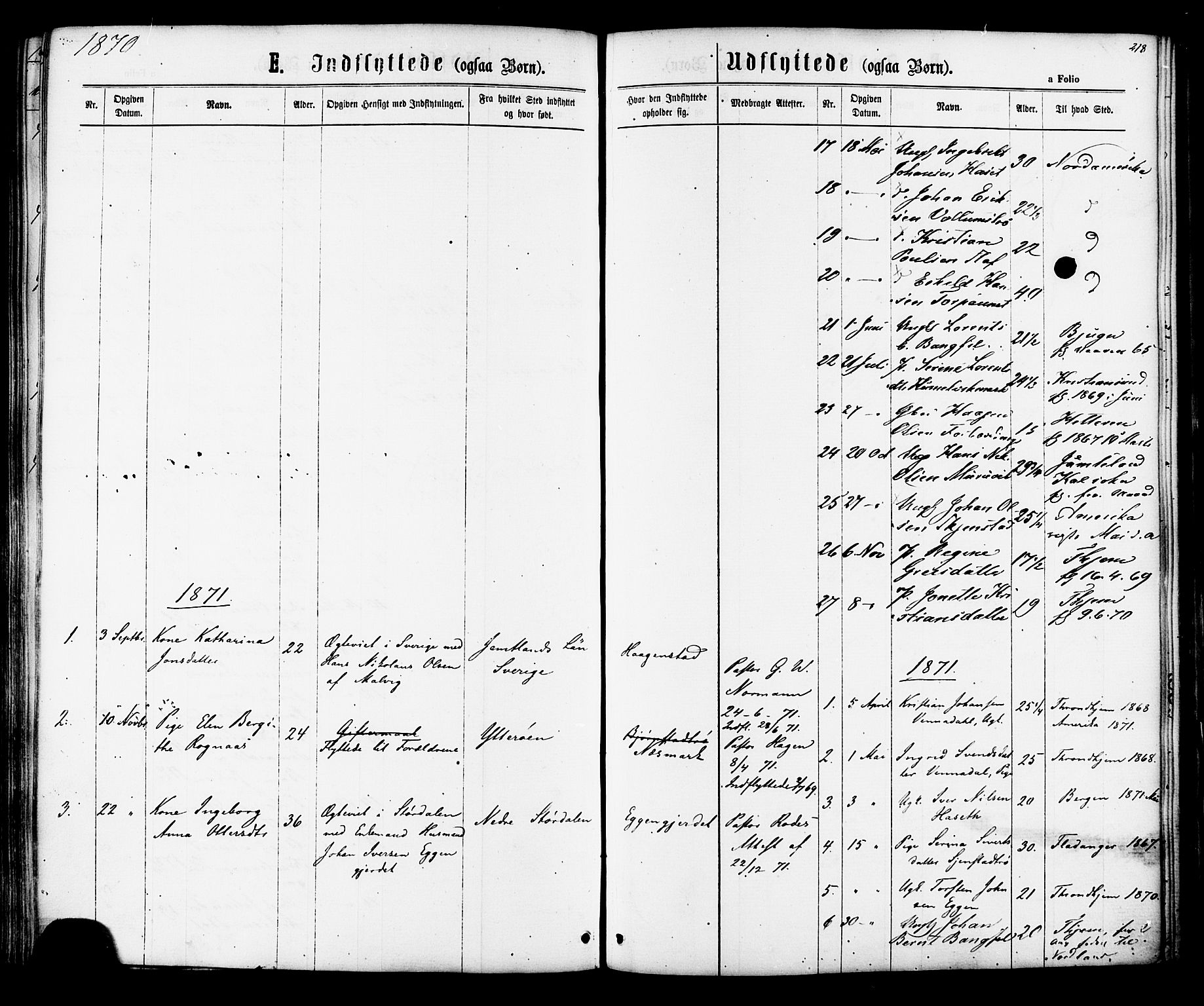 Ministerialprotokoller, klokkerbøker og fødselsregistre - Sør-Trøndelag, AV/SAT-A-1456/616/L0409: Parish register (official) no. 616A06, 1865-1877, p. 218